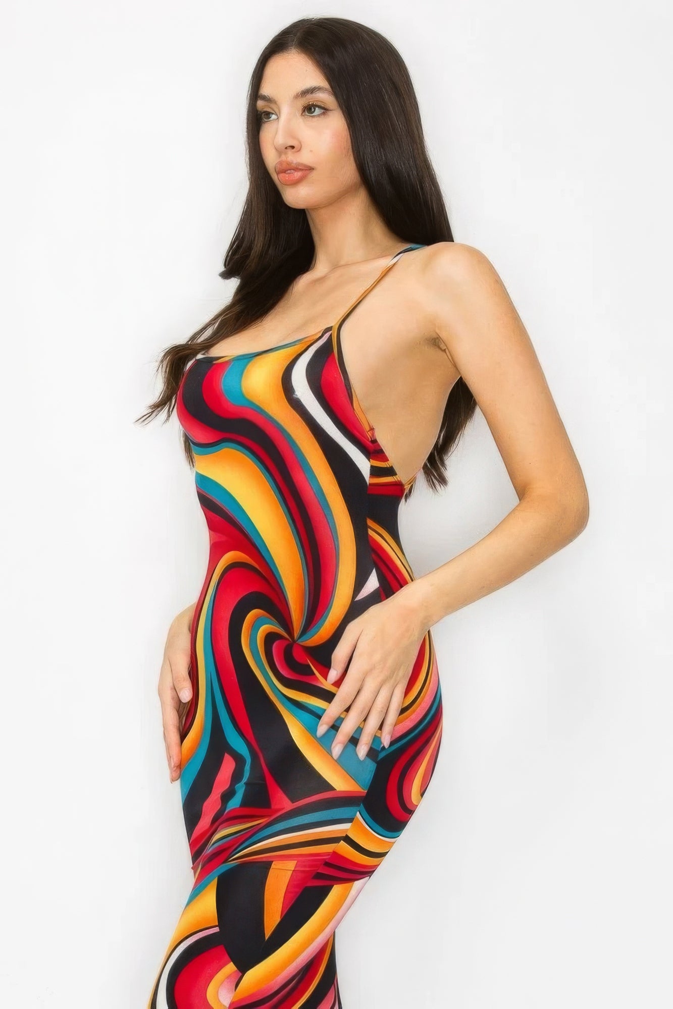 Womens Marble Multicolor Bodycon Midi Tank Dress Stretch Sleeveless Crossed Back