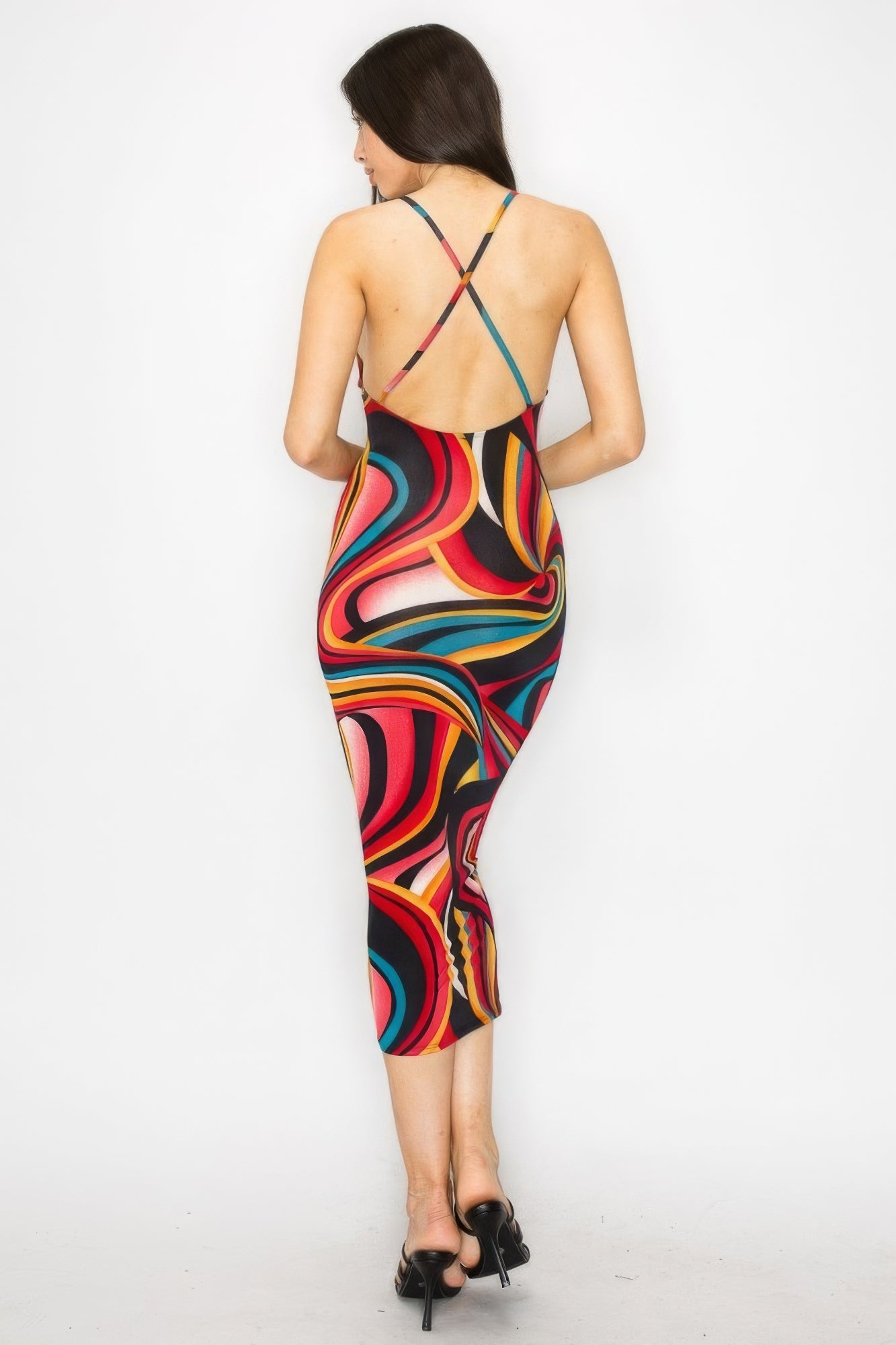 Womens Marble Multicolor Bodycon Midi Tank Dress Stretch Sleeveless Crossed Back