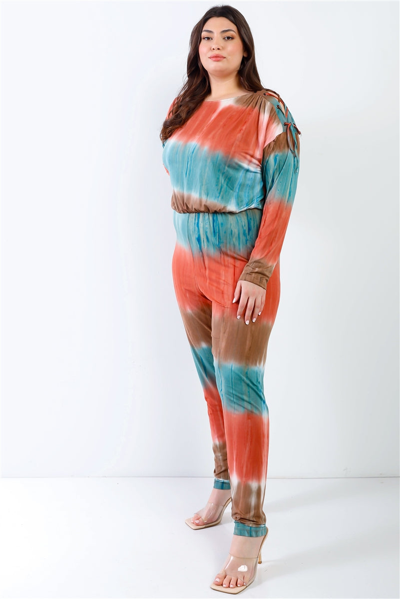 Women's Plus Size Tie-dye Jumpsuit Lace Up Shoulder Back Wrap Cut-out Lounge