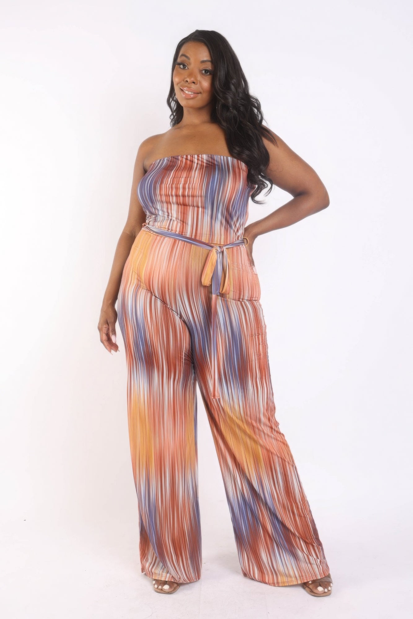 Women's Plus Size Printed Tube Belted Jumpsuit Strapless Wide Leg Pant Romper