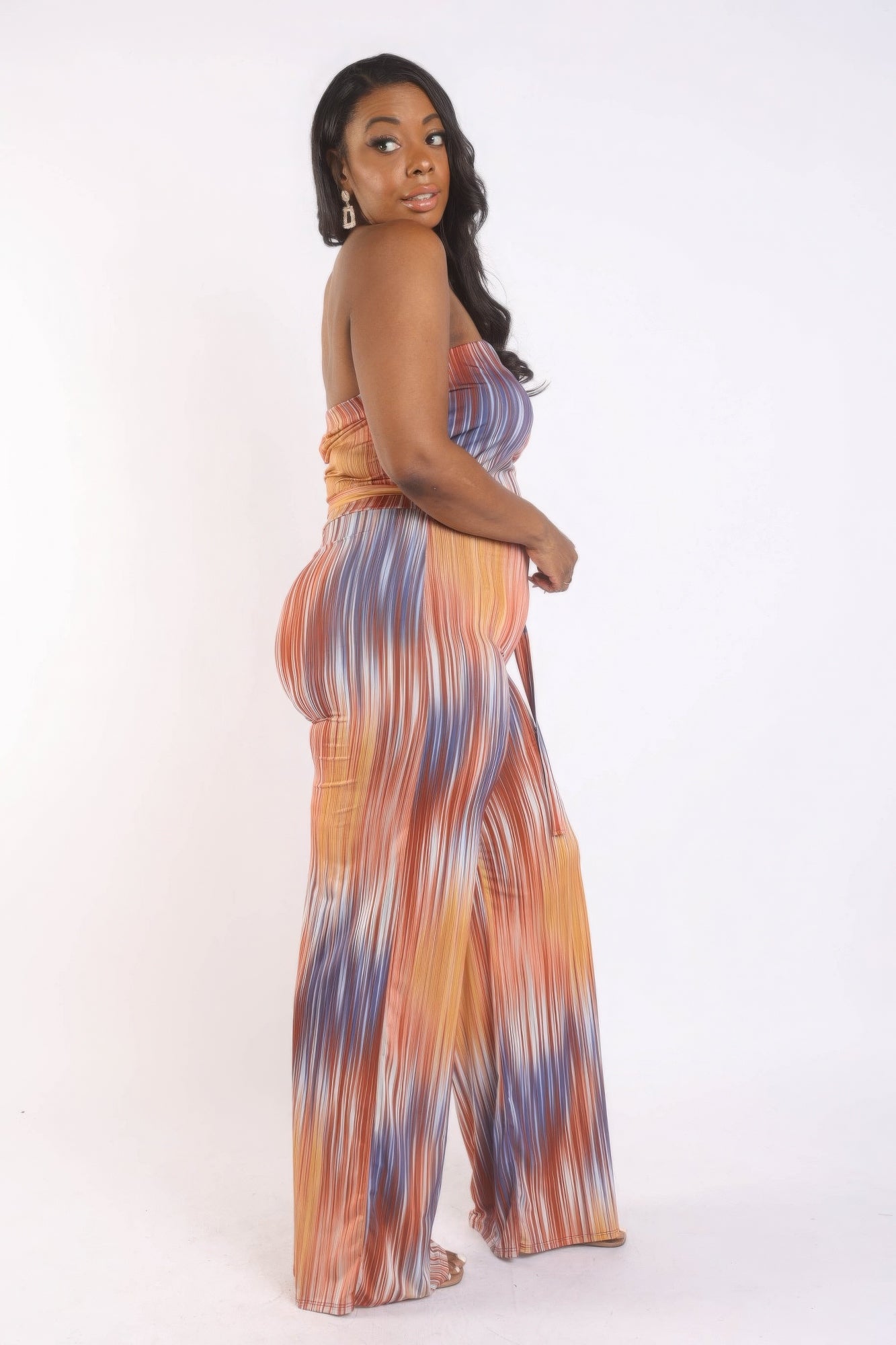 Women's Plus Size Printed Tube Belted Jumpsuit Strapless Wide Leg Pant Romper
