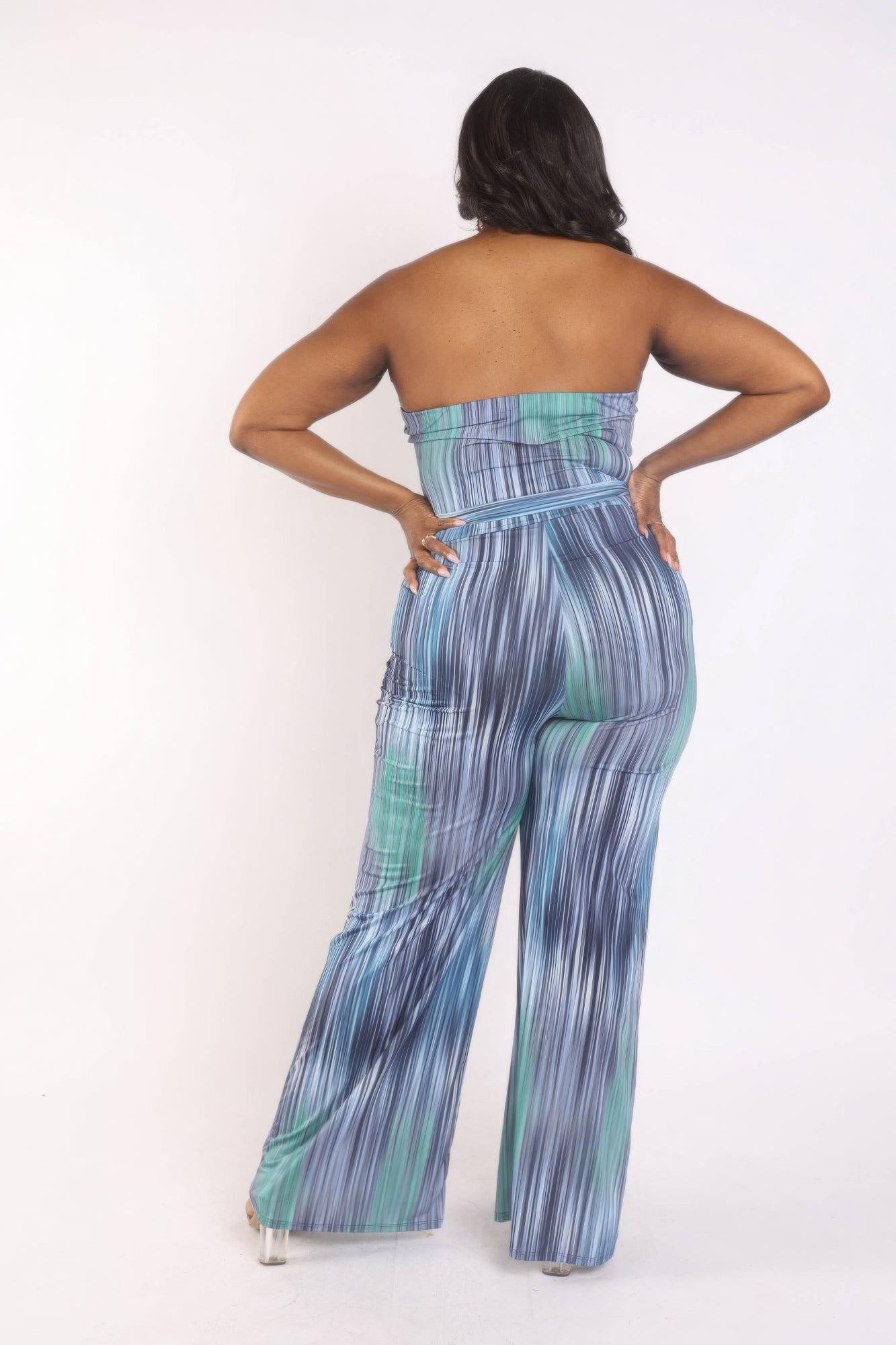 Women's Plus Size Printed Tube Belted Jumpsuit Strapless Wide Leg Pant Romper