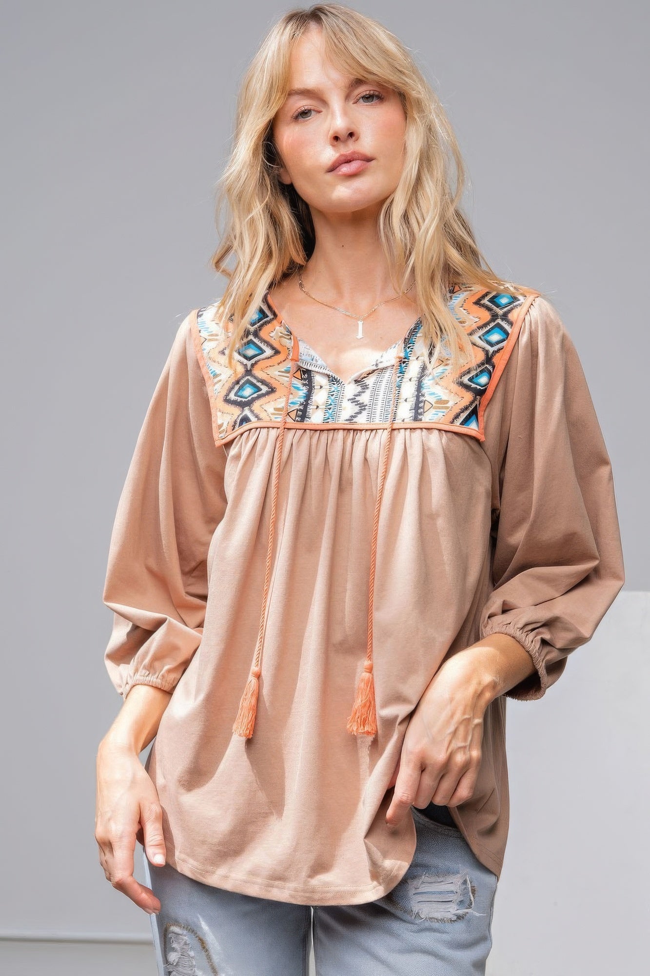 Women's Round Neck Cotton Top 3/4 Sleeves Loose Fit Ethnic Printed T Shirt Tee