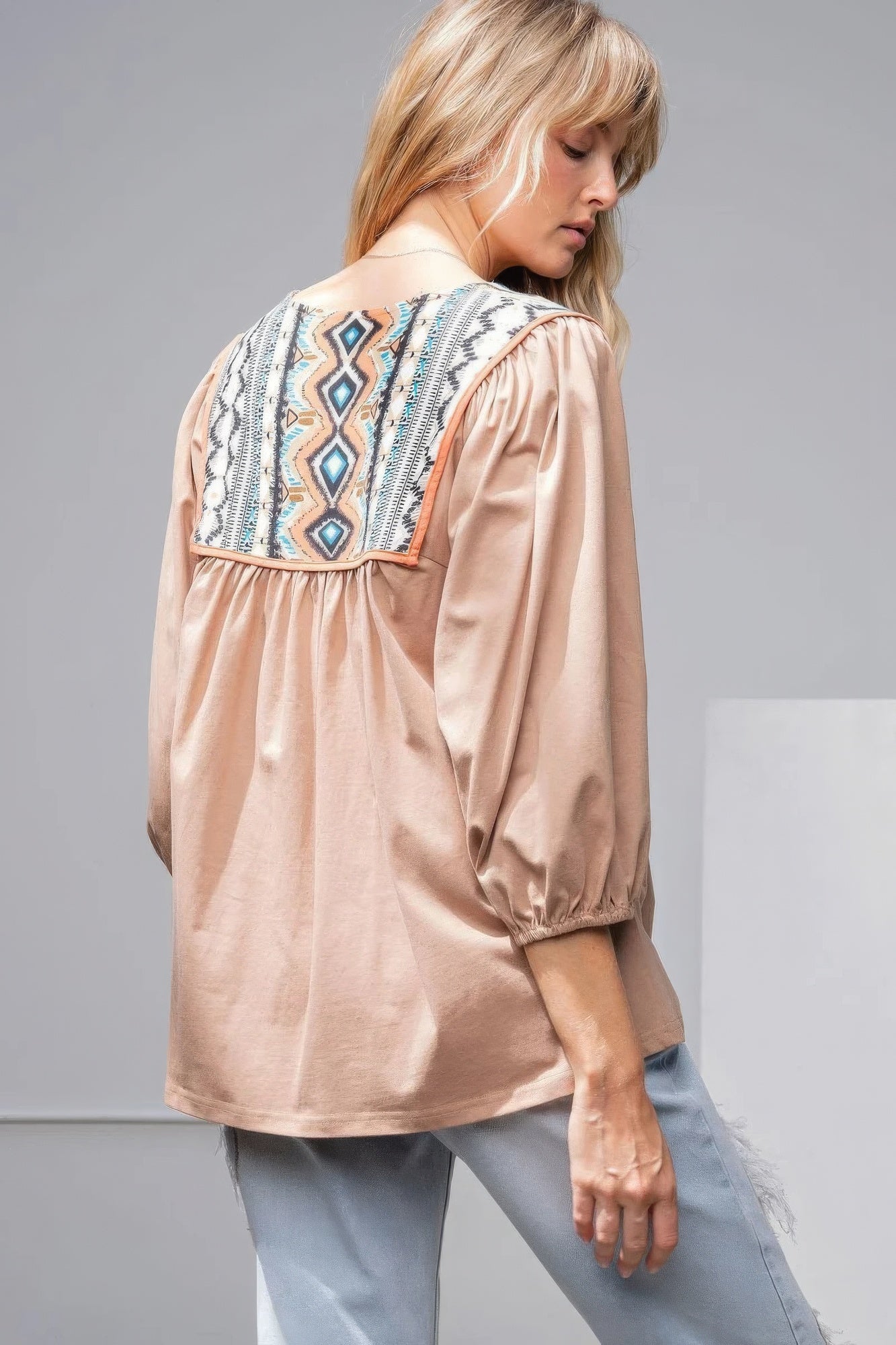 Women's Round Neck Cotton Top 3/4 Sleeves Loose Fit Ethnic Printed T Shirt Tee