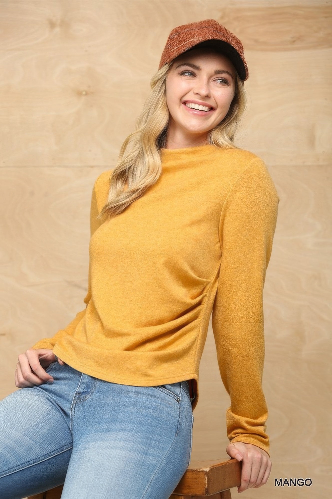 Womens Mock Neck Top with Side Ruched  Cozy Soft Knit Shirt