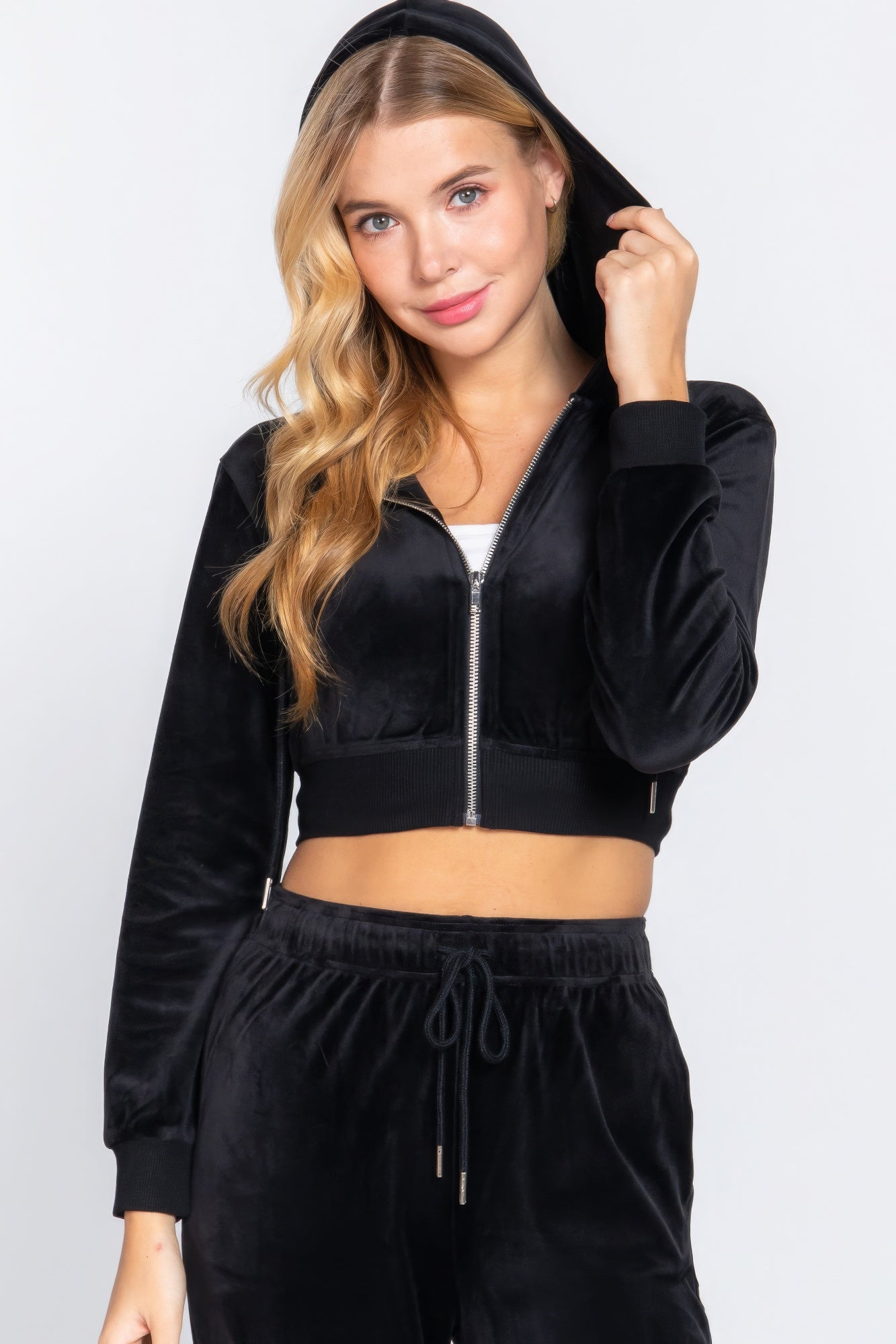 Women's Velour Hoodie Crop Sweatshirt Jacket Long Sleeve Full Zip Up Solid