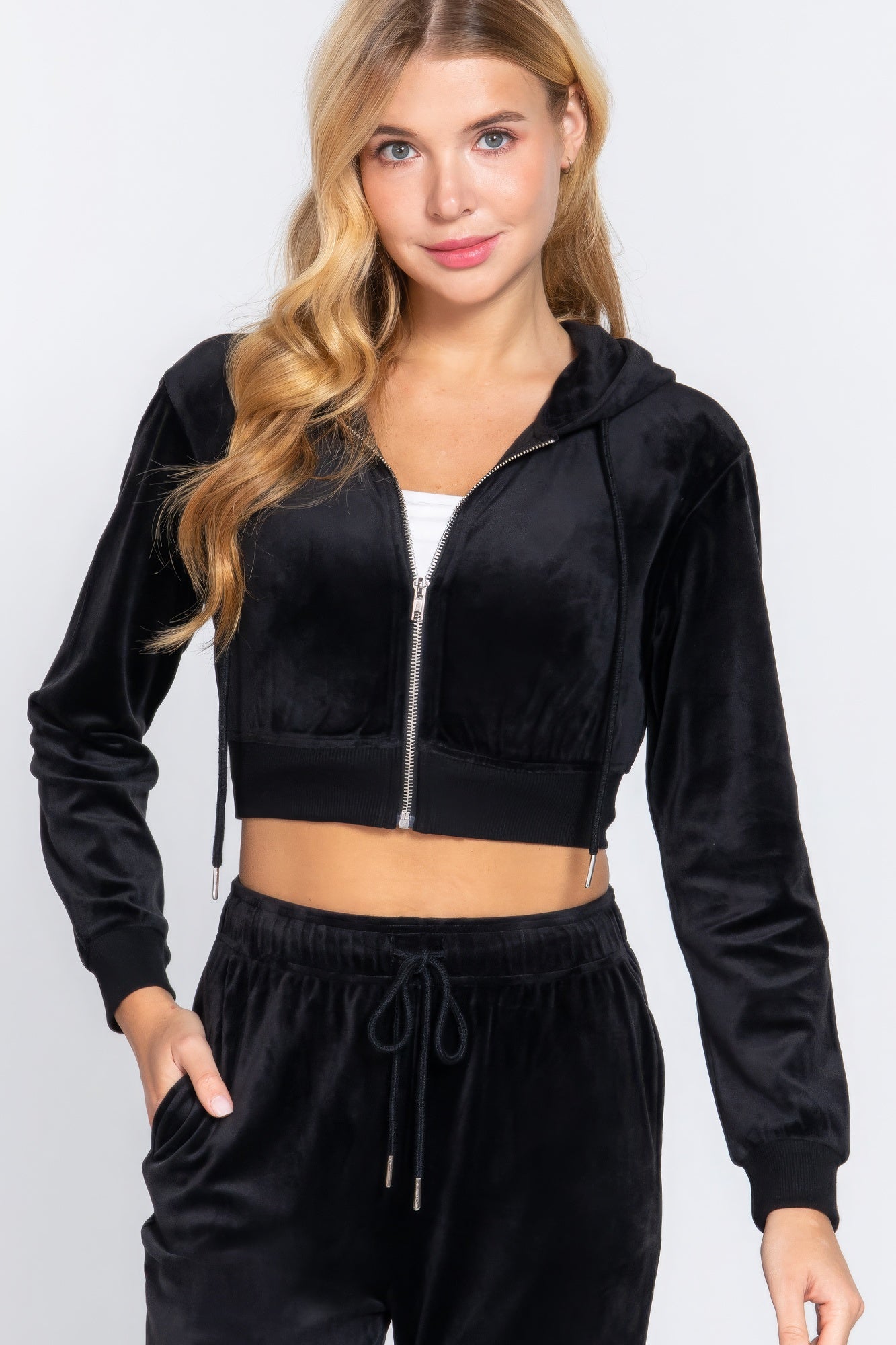 Women's Velour Hoodie Crop Sweatshirt Jacket Long Sleeve Full Zip Up Solid