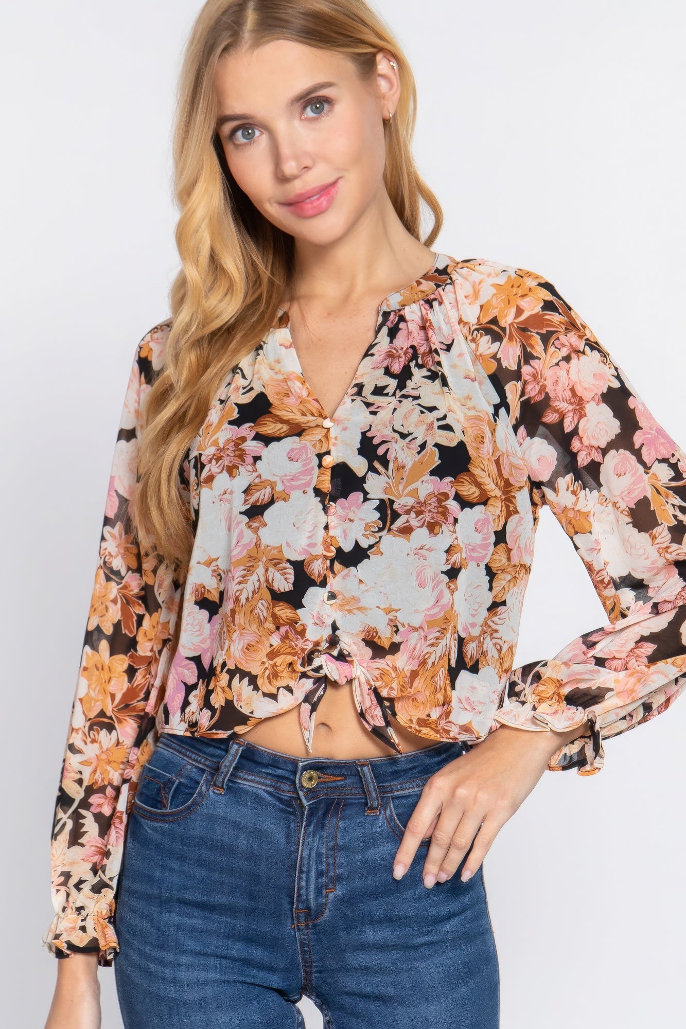 Women's Puff Long Sleeve V-neck Top Shirt Front Tie Floral Print Woven Blouse