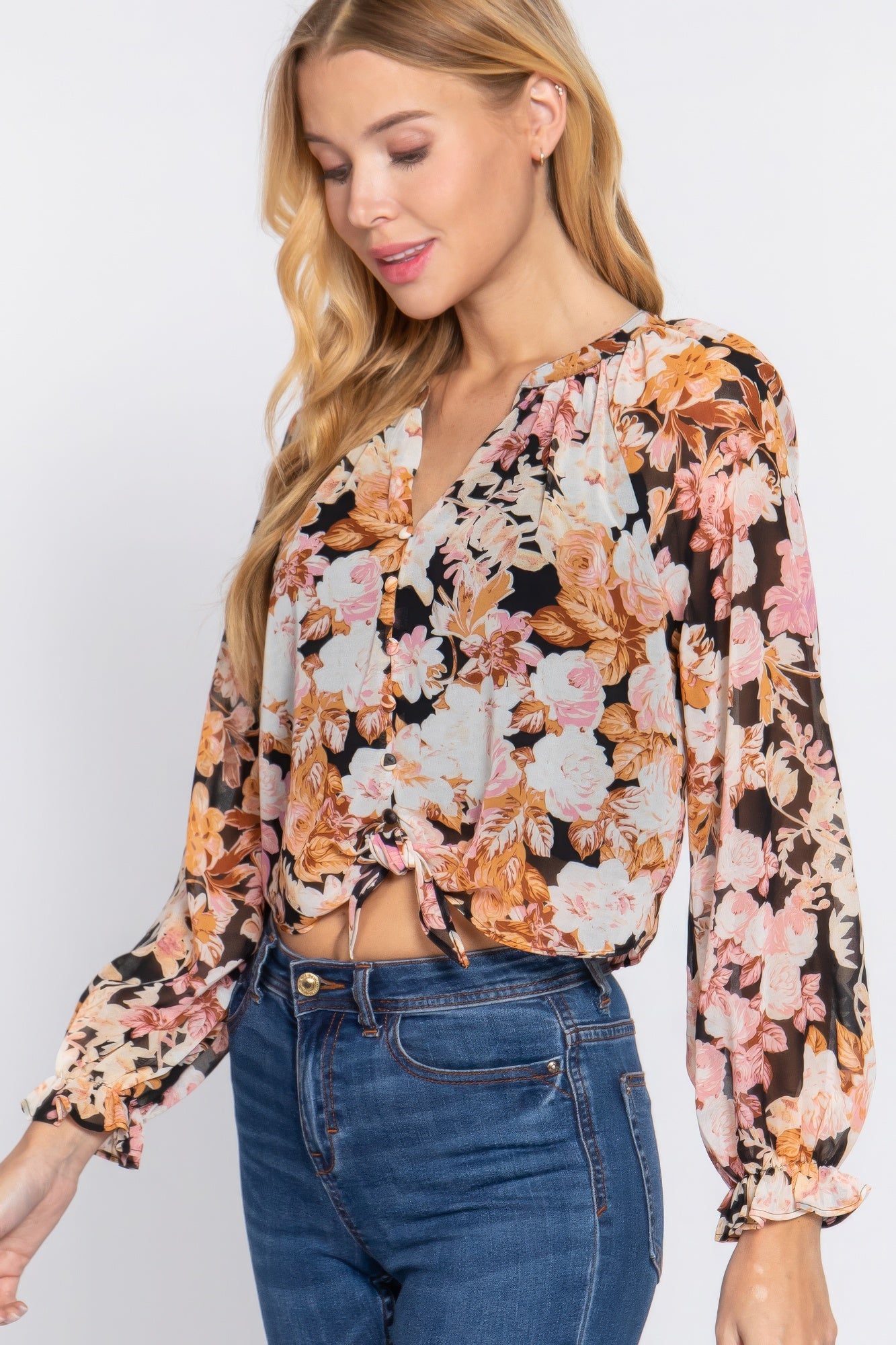 Women's Puff Long Sleeve V-neck Top Shirt Front Tie Floral Print Woven Blouse