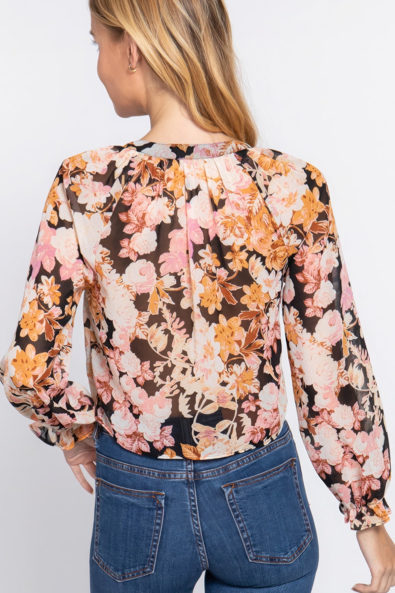 Women's Puff Long Sleeve V-neck Top Shirt Front Tie Floral Print Woven Blouse