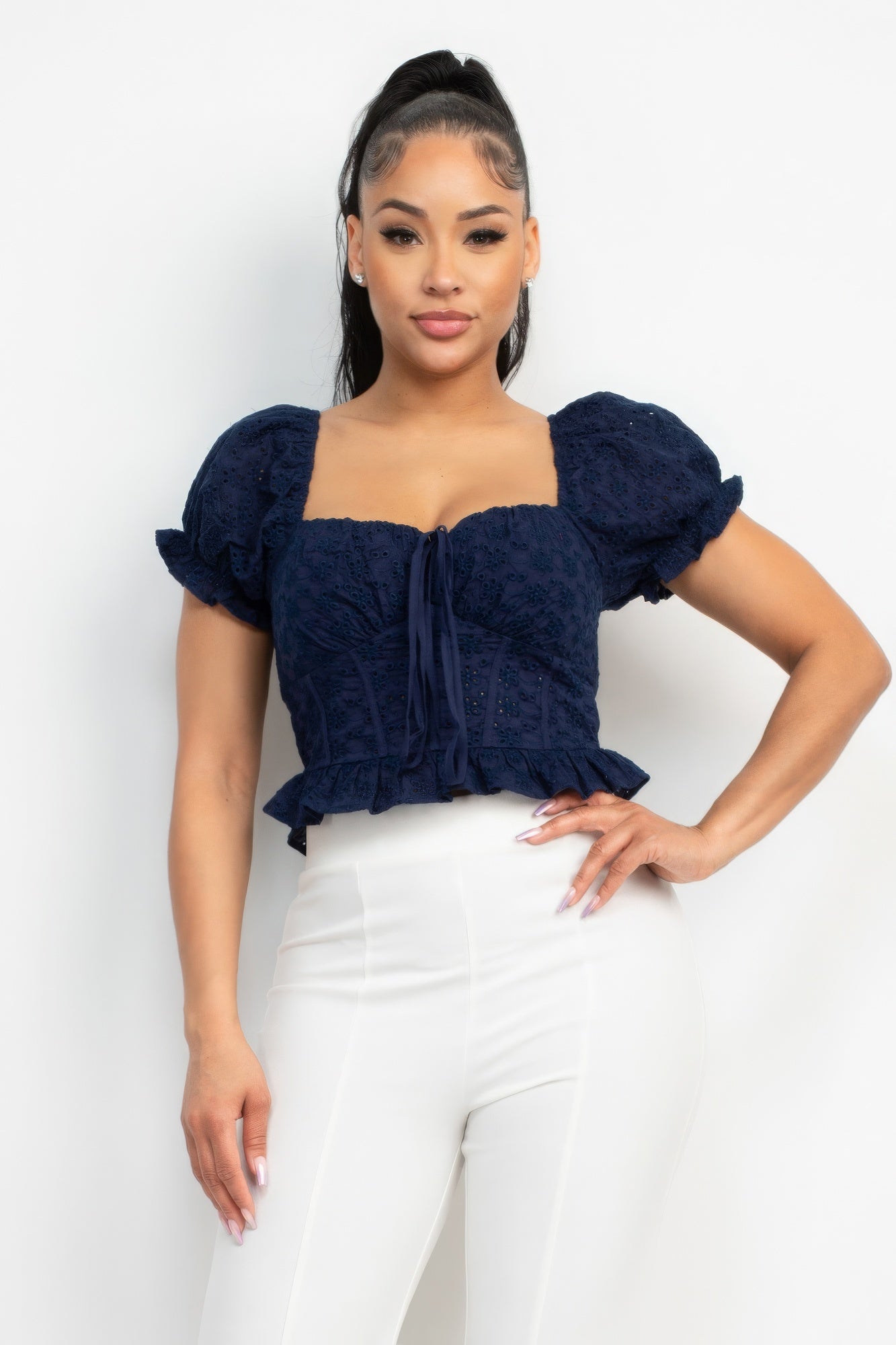 Women's Square Neck Crop Top Eyelet Embroidered Smock Puff-Sleeve Blouse Shirt