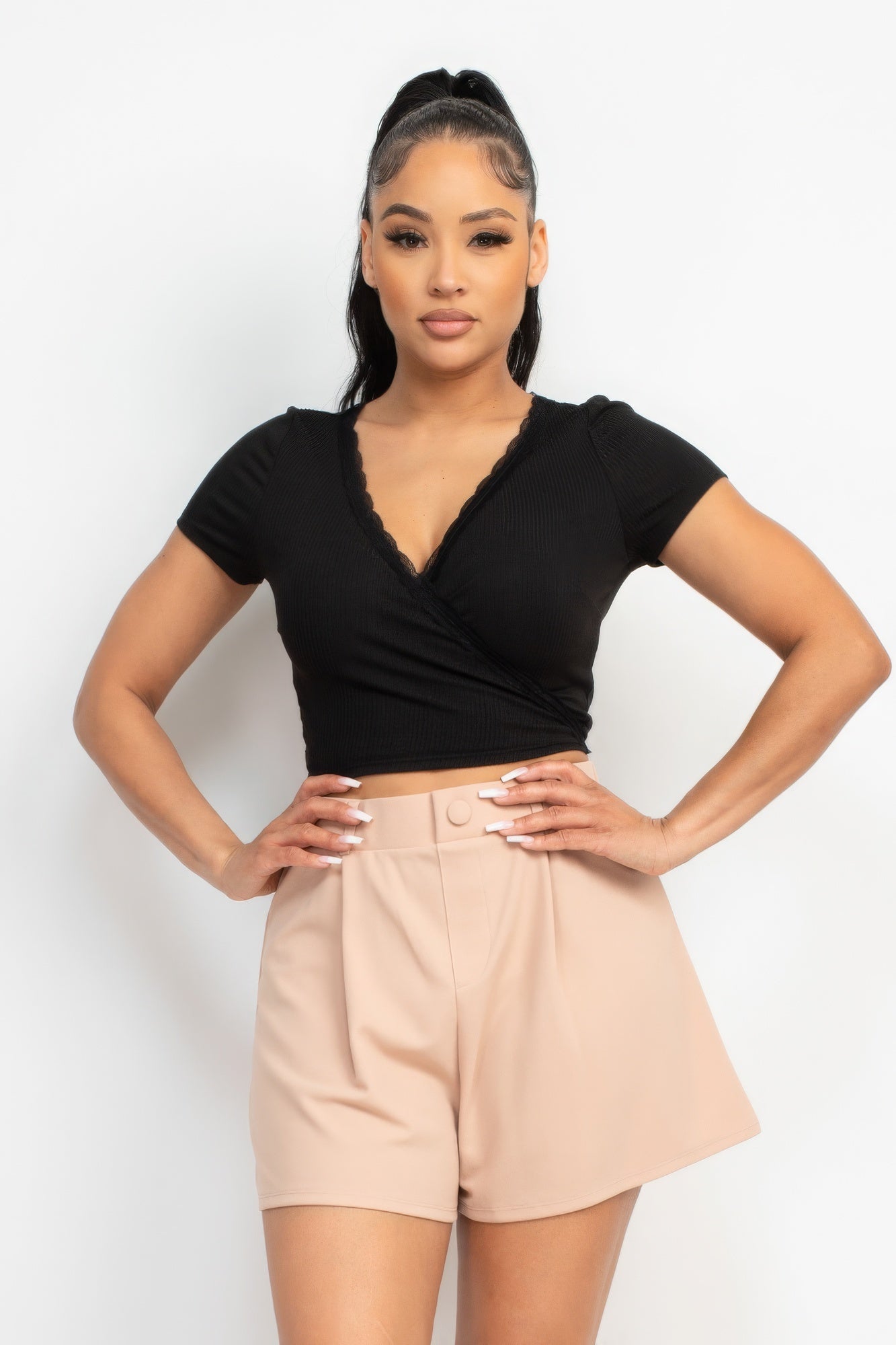 Women's Wrap Surplice Neck Crop Top Lace Trim Rib Knit Short Sleeves Soft Shirt