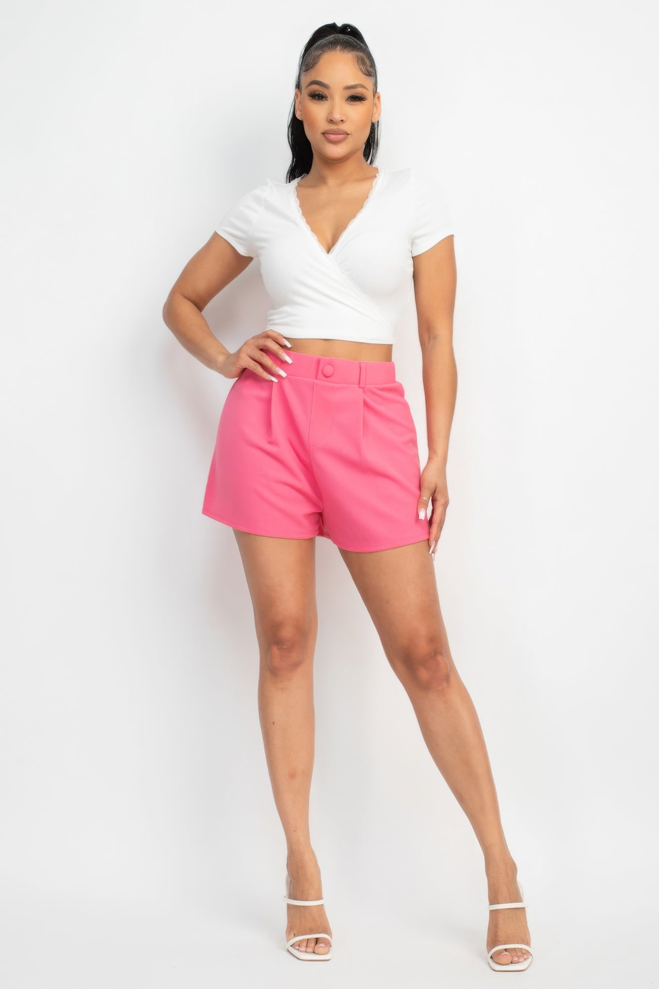 Women's Wrap Surplice Neck Crop Top Lace Trim Rib Knit Short Sleeves Soft Shirt