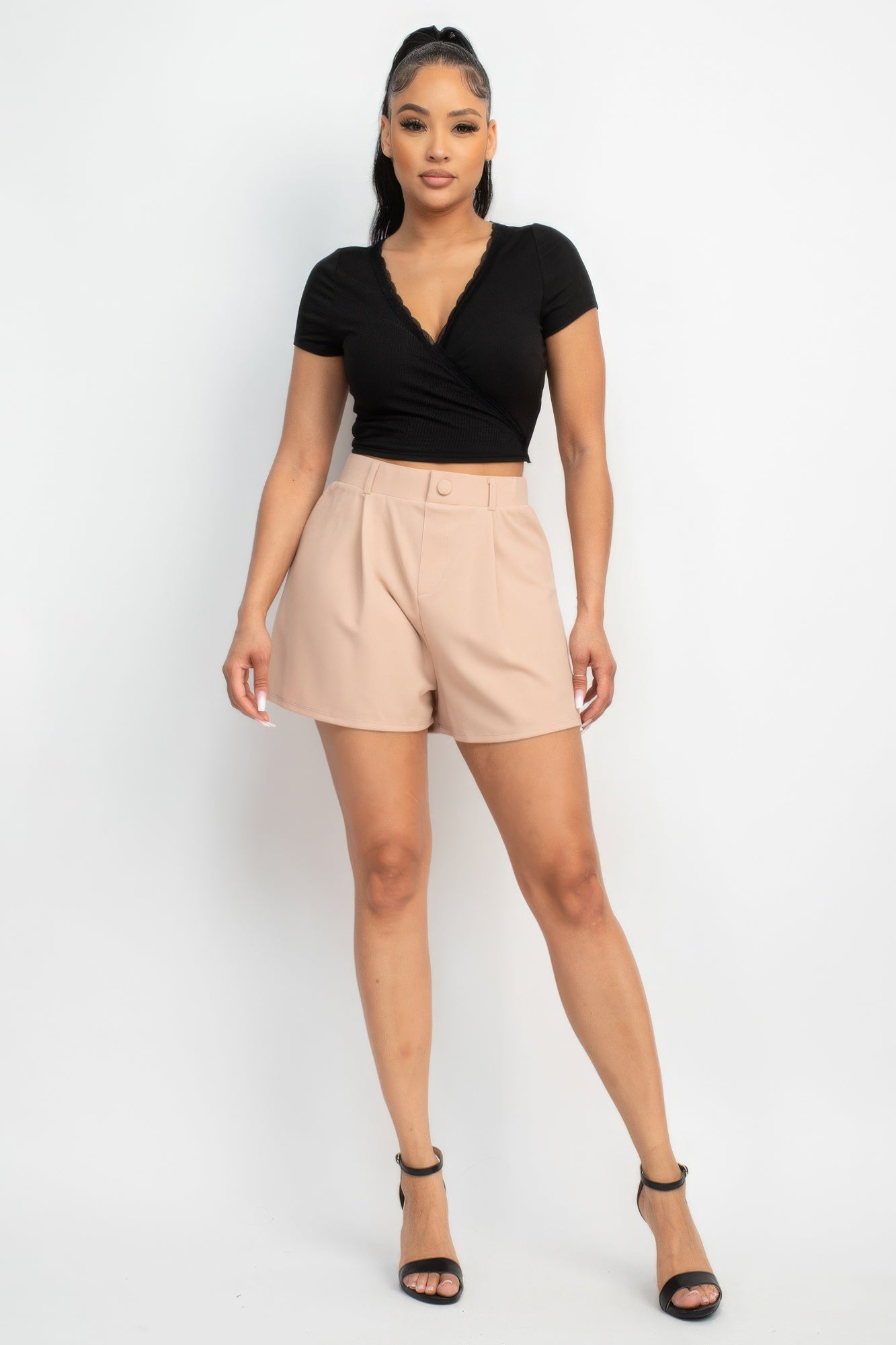 Women's Wrap Surplice Neck Crop Top Lace Trim Rib Knit Short Sleeves Soft Shirt