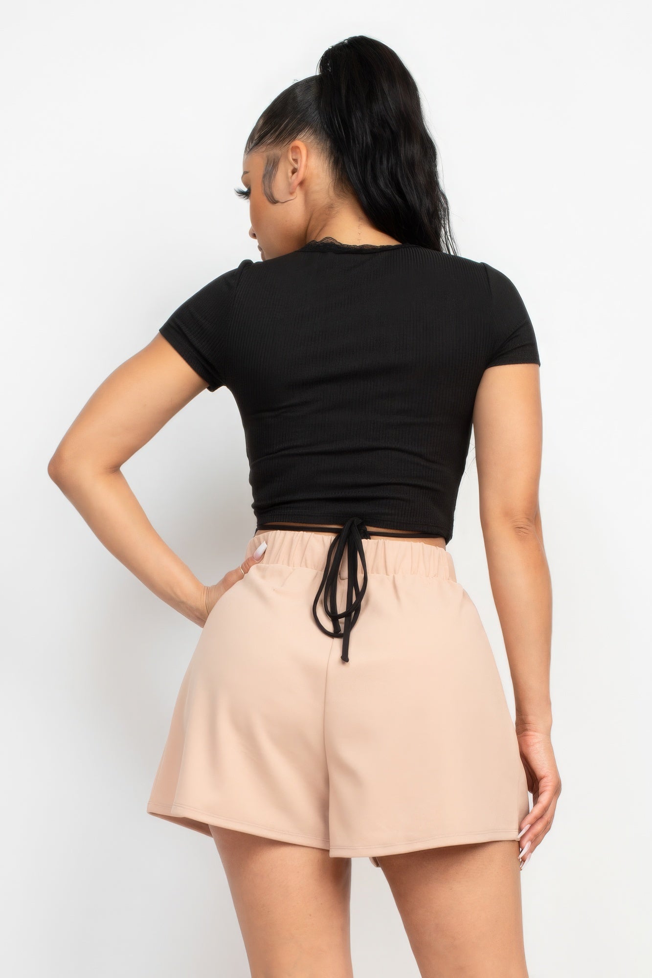 Women's Wrap Surplice Neck Crop Top Lace Trim Rib Knit Short Sleeves Soft Shirt