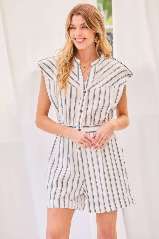 Women's Notched Neck Stripe Printed Romper Button Elastic Band Waist Playsuit