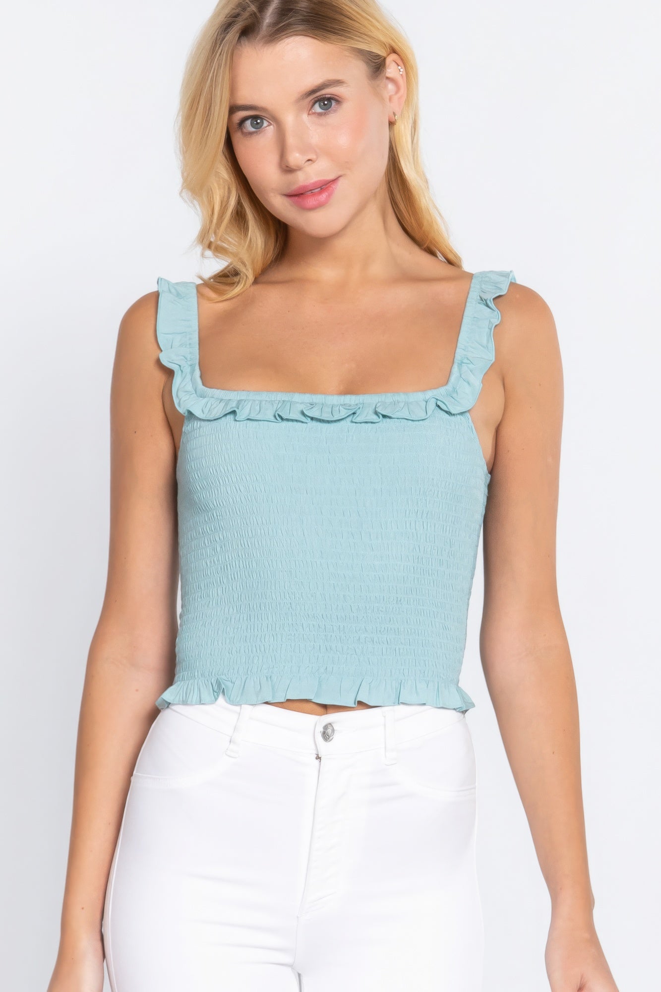 Women's Cropped Smocking Ruffle Cami Woven Top Tank Soft Stretch Midriff Shirt