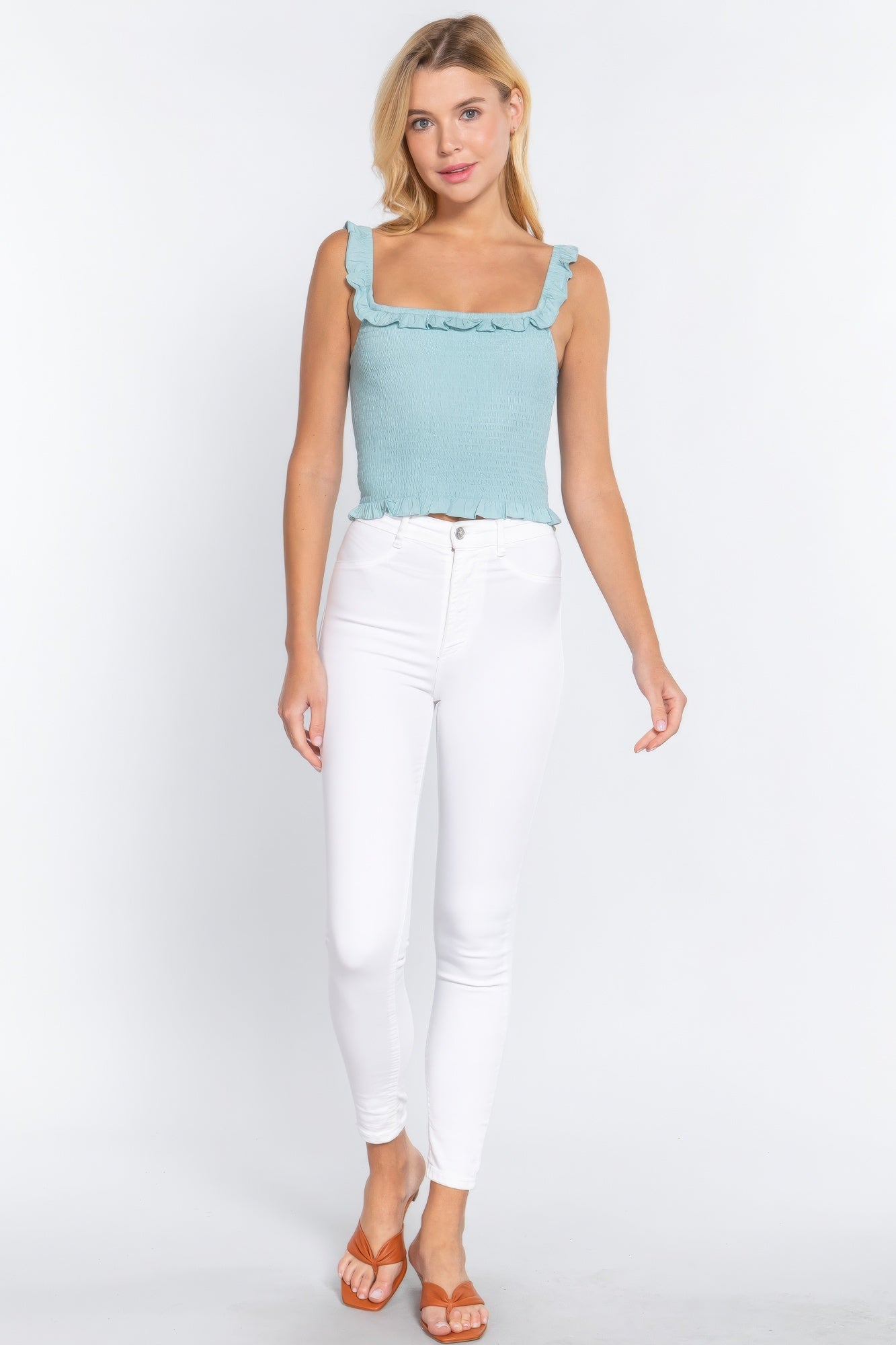 Women's Cropped Smocking Ruffle Cami Woven Top Tank Soft Stretch Midriff Shirt