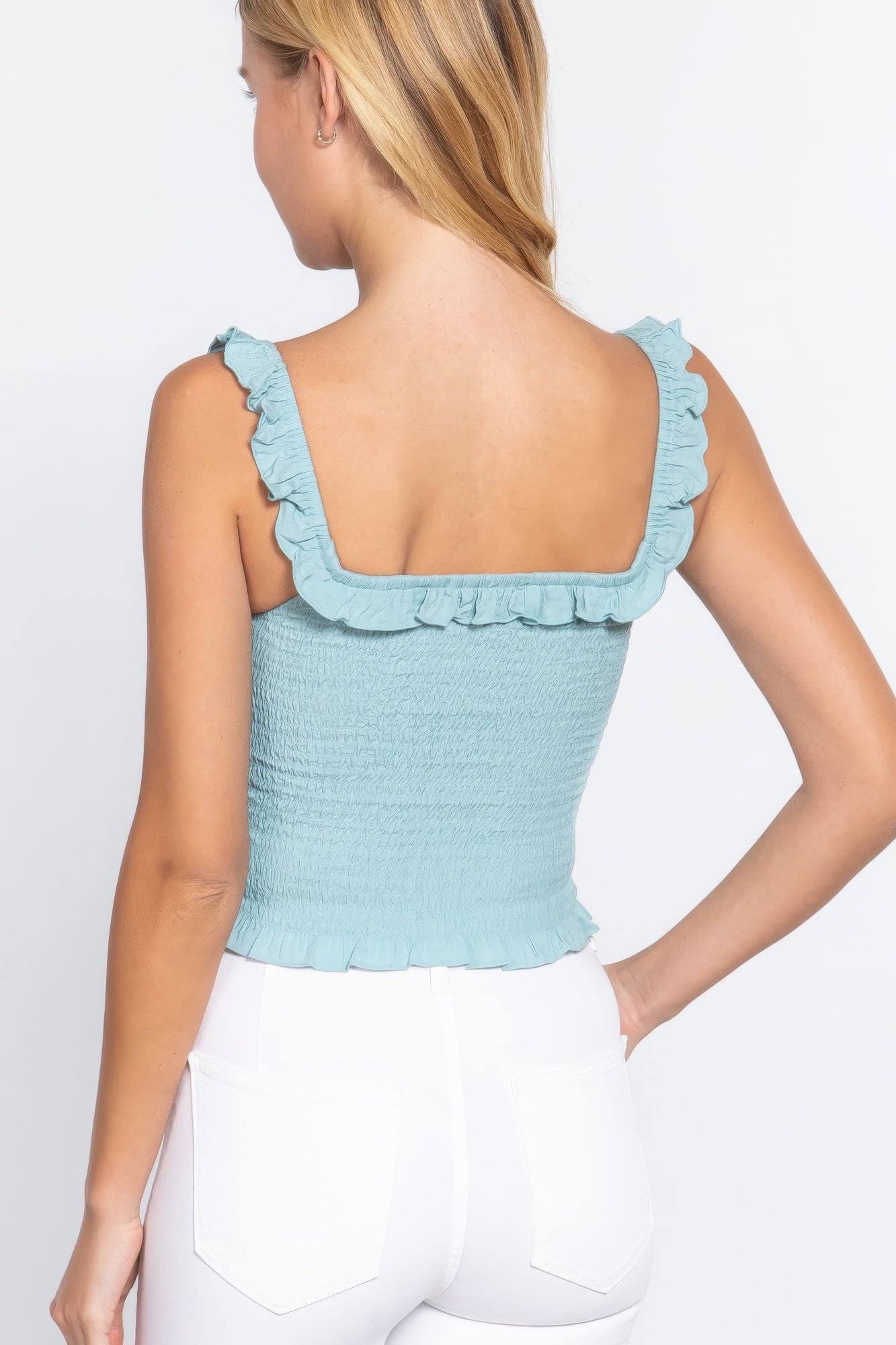 Women's Cropped Smocking Ruffle Cami Woven Top Tank Soft Stretch Midriff Shirt