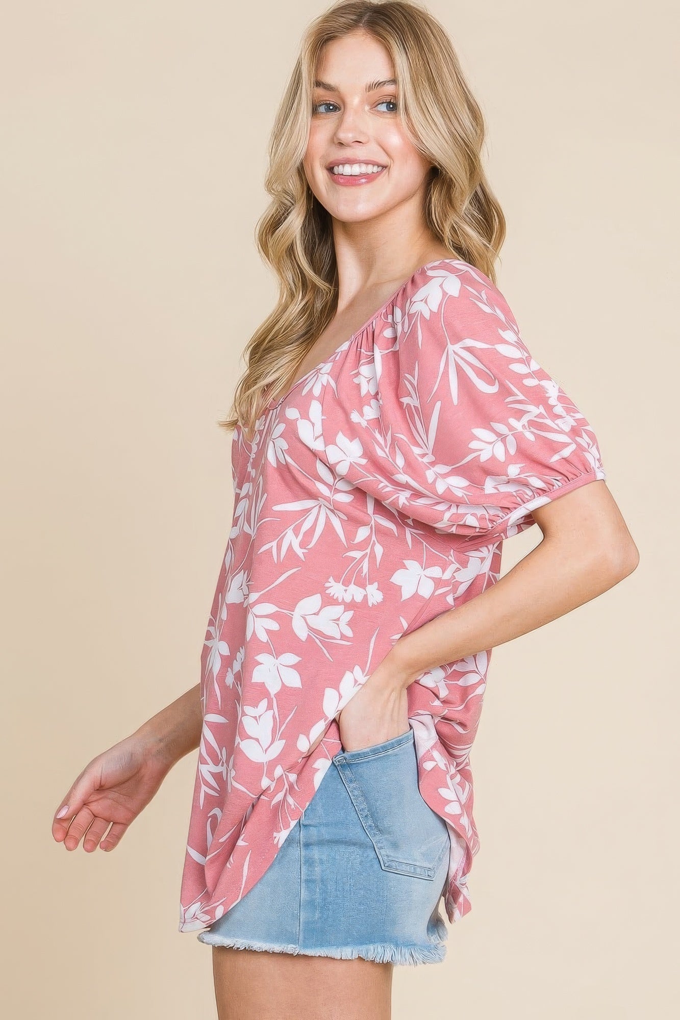 Women's Round Neck Puff Sleeves Shirt Floral T/R Span Baby Doll Top Long Blouse