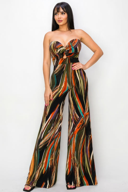 Women's Off Shoulder Printed Jumpsuit Twist Front Wide Leg Strapless Top Romper