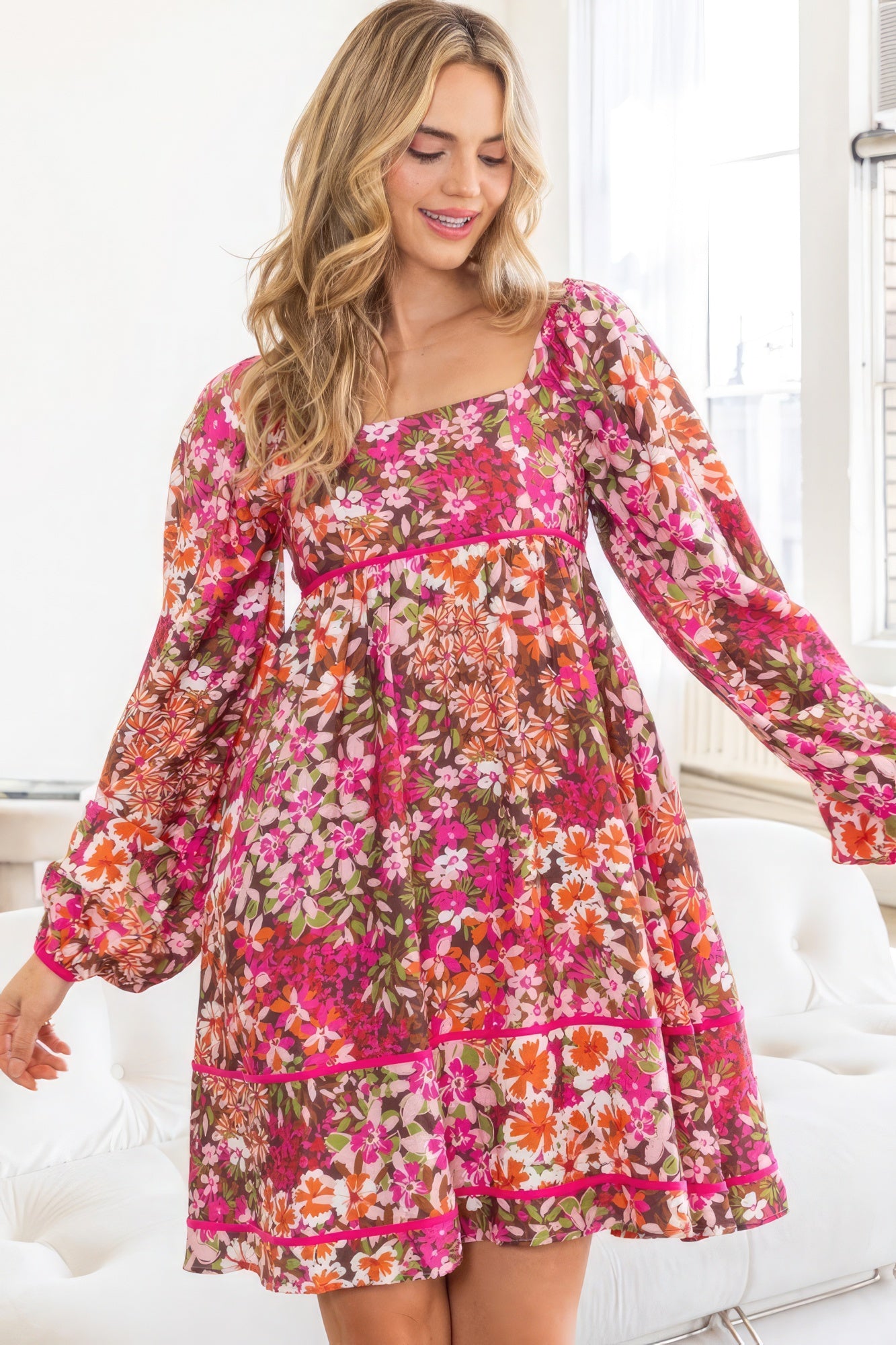 Women's Floral Square Neck Mini Dress Back Smocked Bodice Long Sleeve Pockets