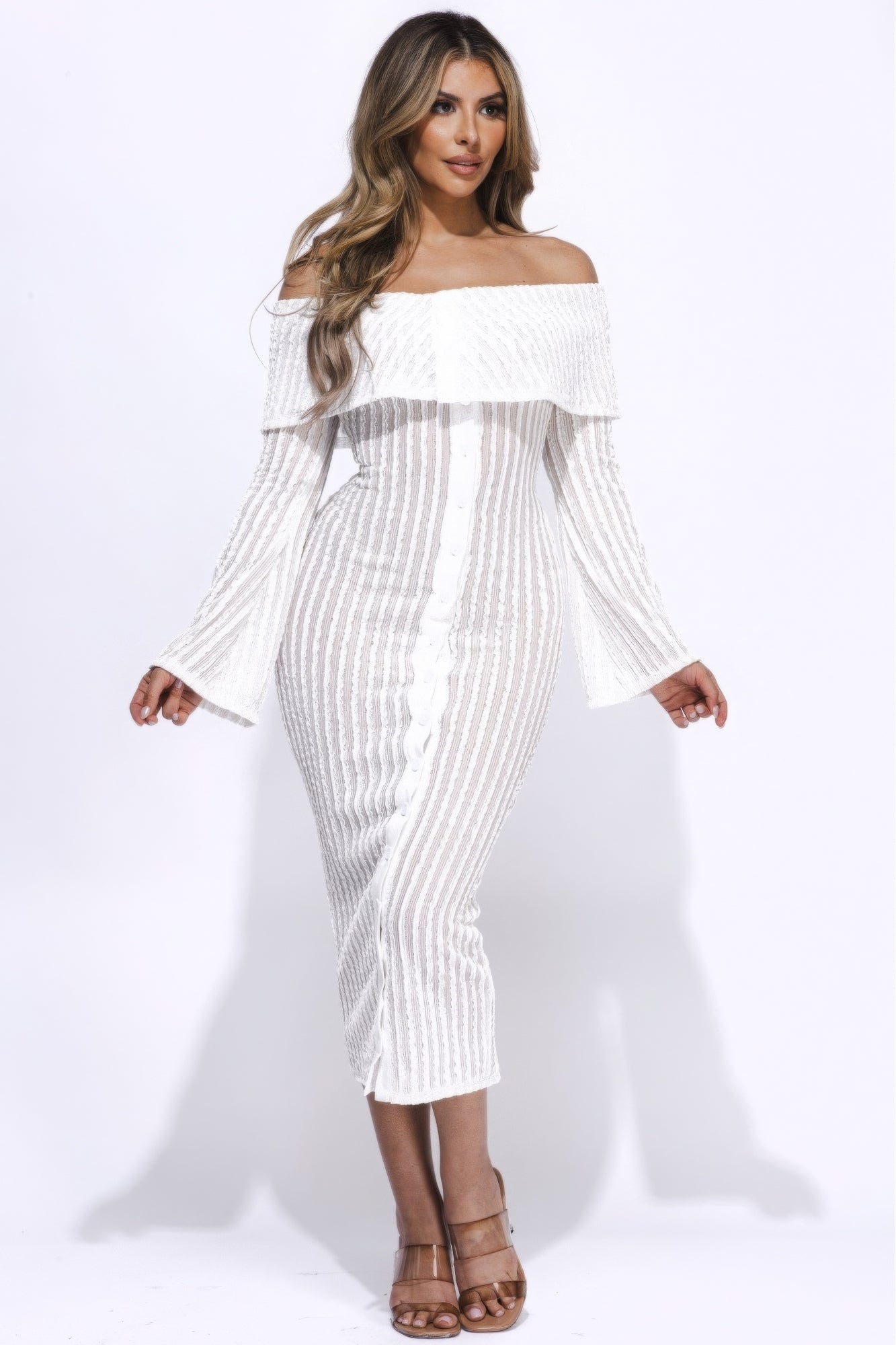 Women's Ruffled Off Shoulder Midi Dress Flared Long Sleeve Stretch Midaxi Outfit