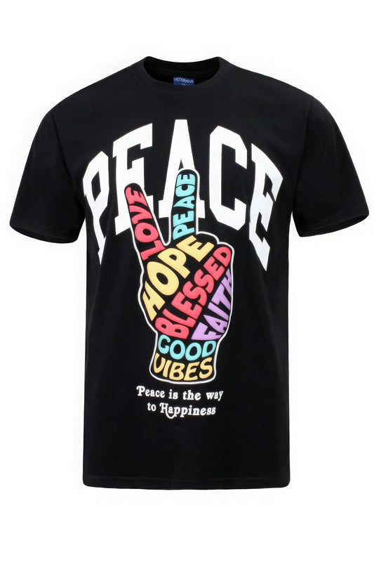 Men's Peace Hand Sign Tee T-Shirt Short Sleeve Puff Printed Cotton Outfit Gift