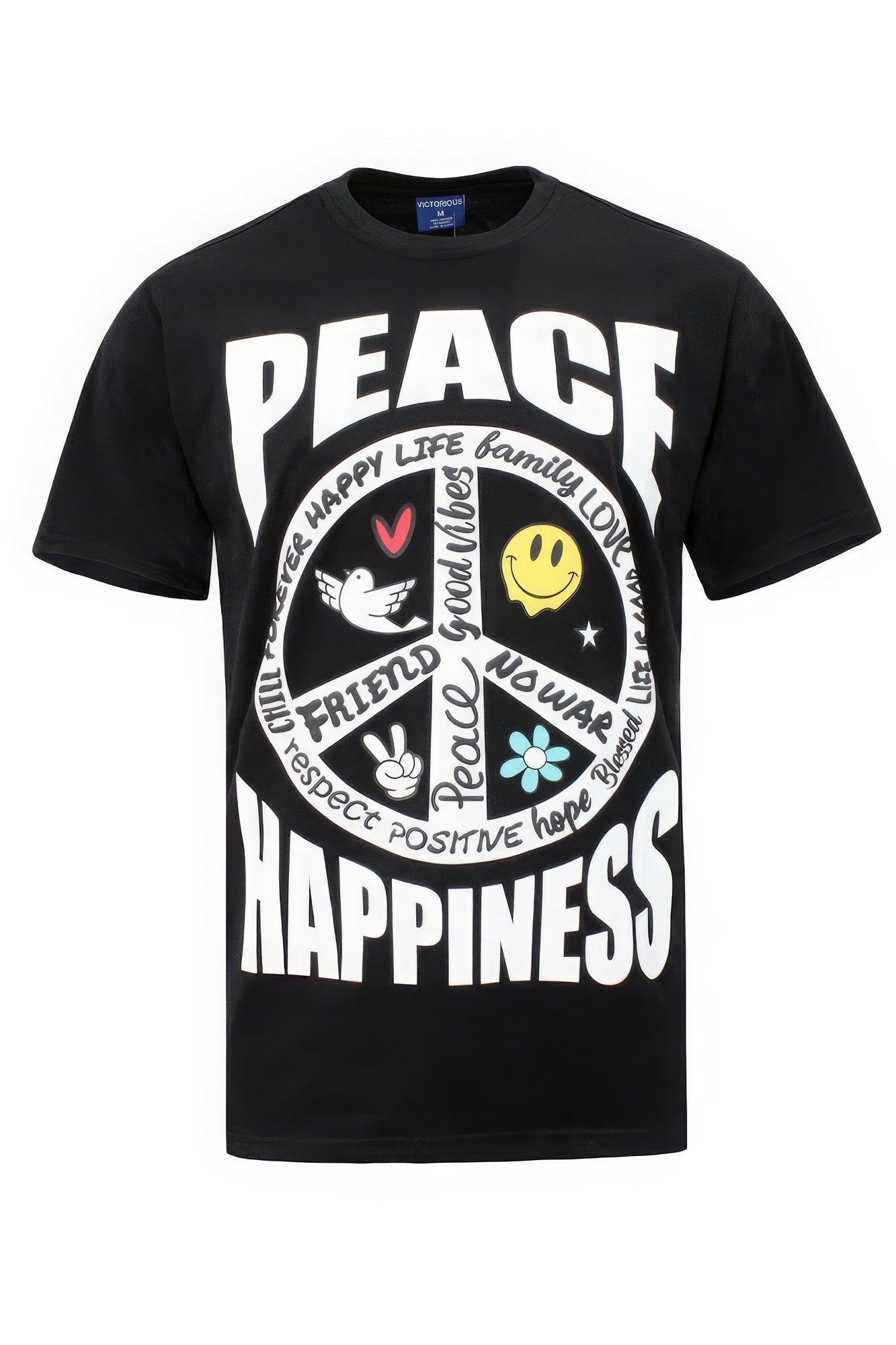 Men's Peace Happiness Tee T-Shirt Short Sleeve Puff Printed Cotton Outfit Gift