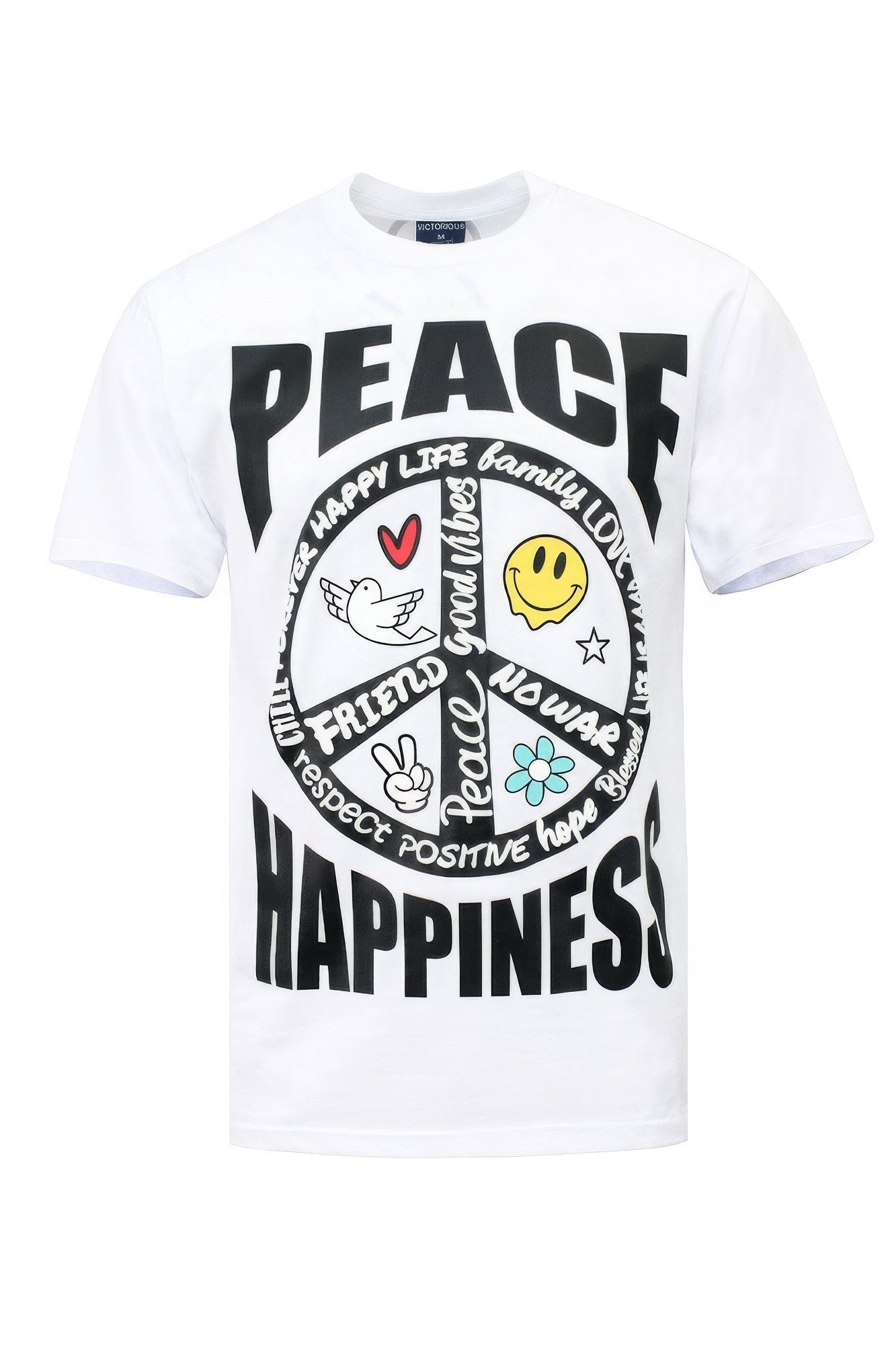 Men's Peace Happiness Tee T-Shirt Short Sleeve Puff Printed Cotton Outfit Gift