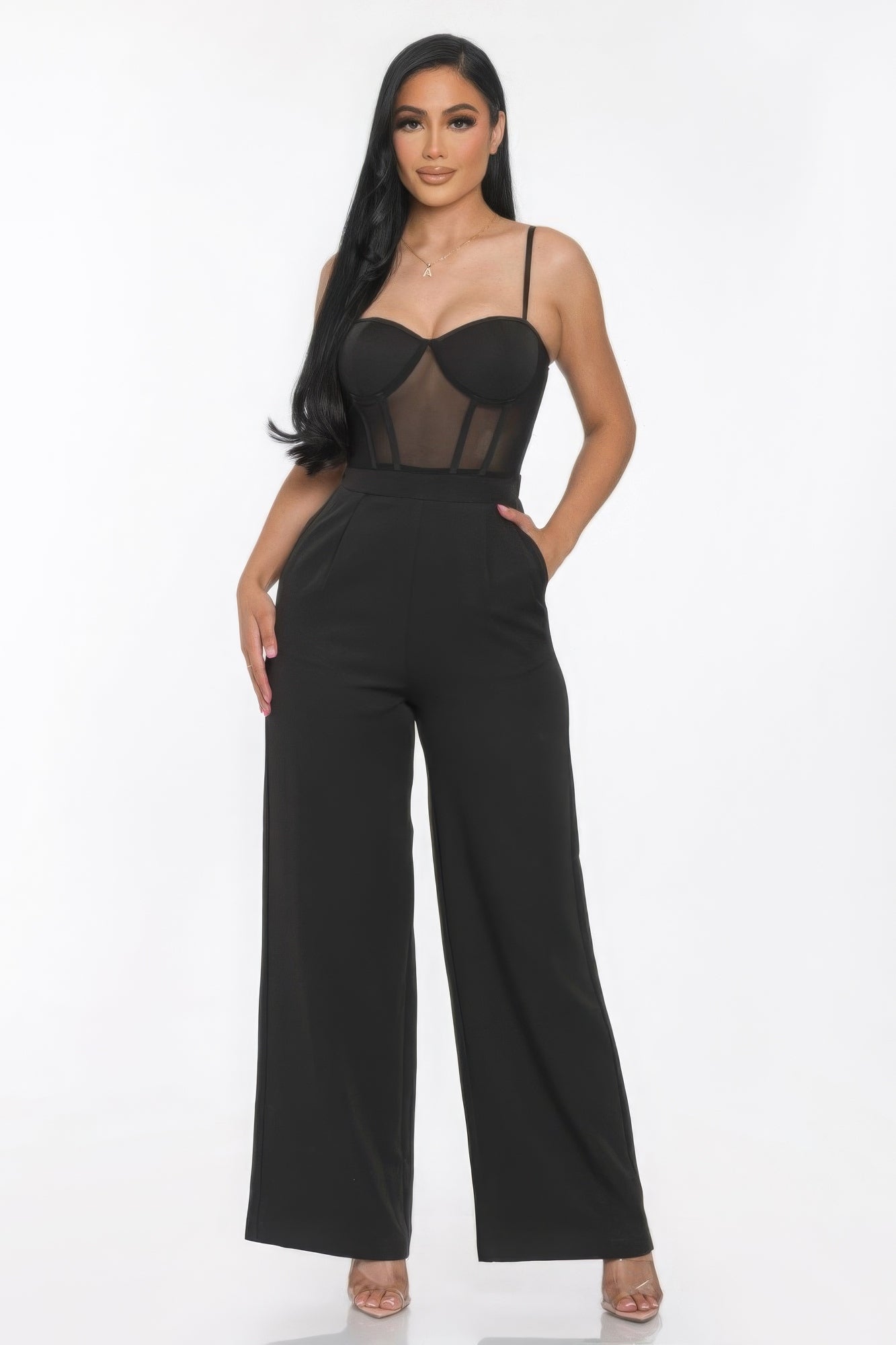 Women's Mesh Wide Leg Jumpsuit Insert Cup Spaghetti Strap Sleeveless Romper