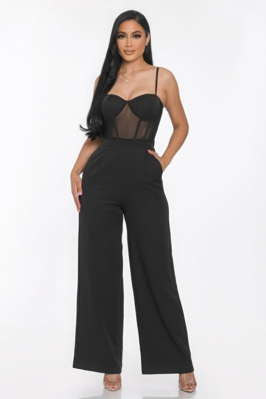 Women's Mesh Wide Leg Jumpsuit Insert Cup Spaghetti Strap Sleeveless Romper