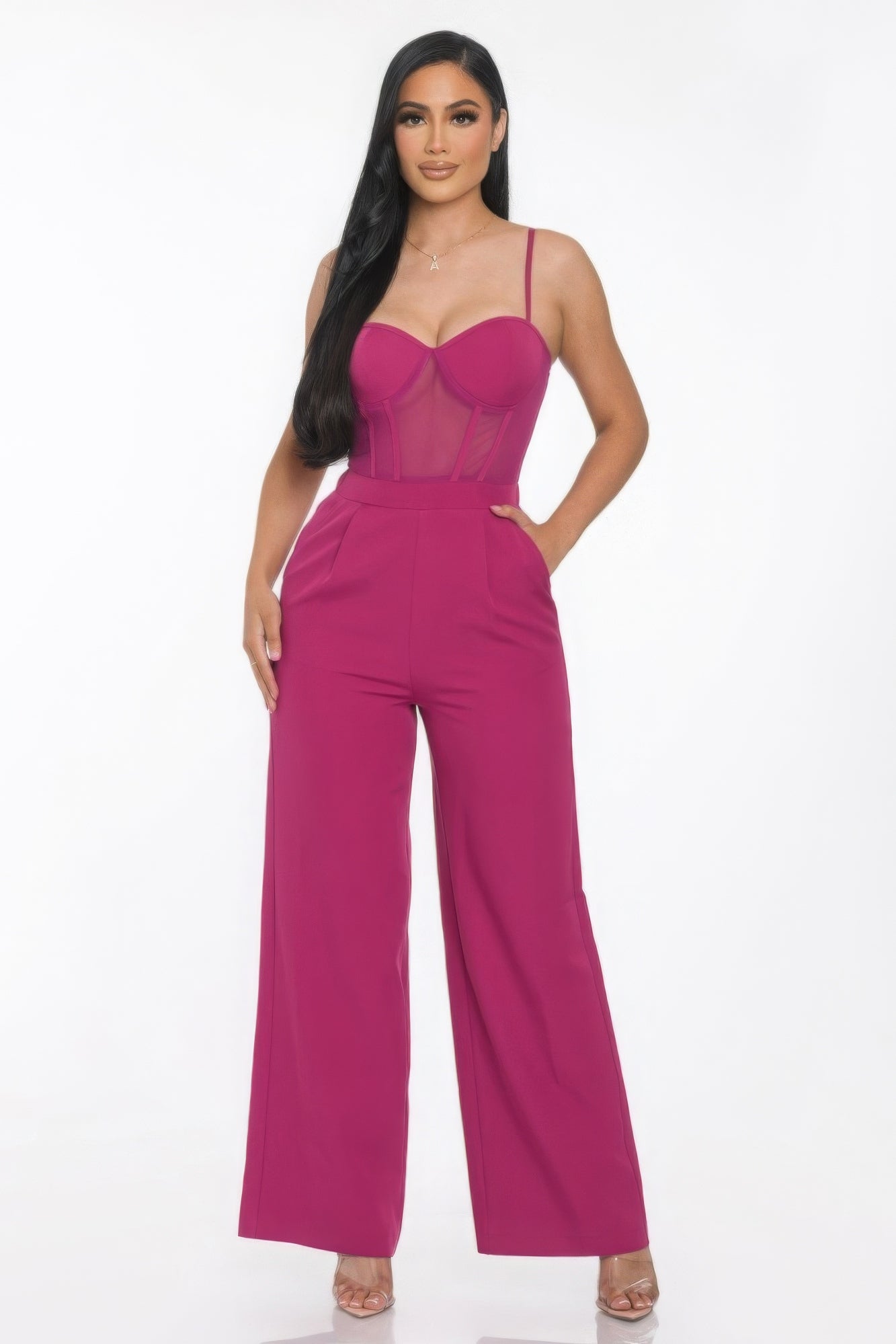 Women's Mesh Wide Leg Jumpsuit Insert Cup Spaghetti Strap Sleeveless Romper