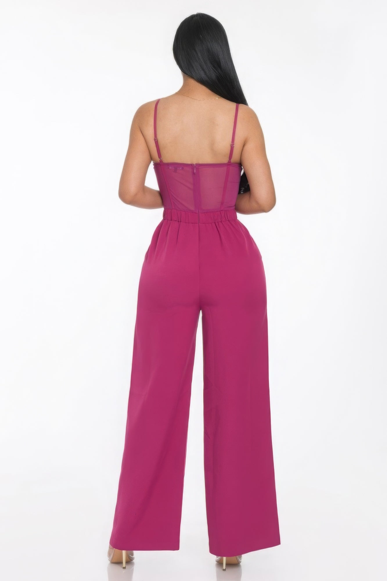 Women's Mesh Wide Leg Jumpsuit Insert Cup Spaghetti Strap Sleeveless Romper