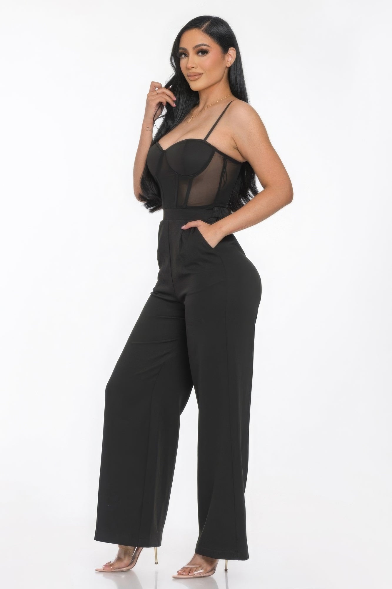 Women's Mesh Wide Leg Jumpsuit Insert Cup Spaghetti Strap Sleeveless Romper