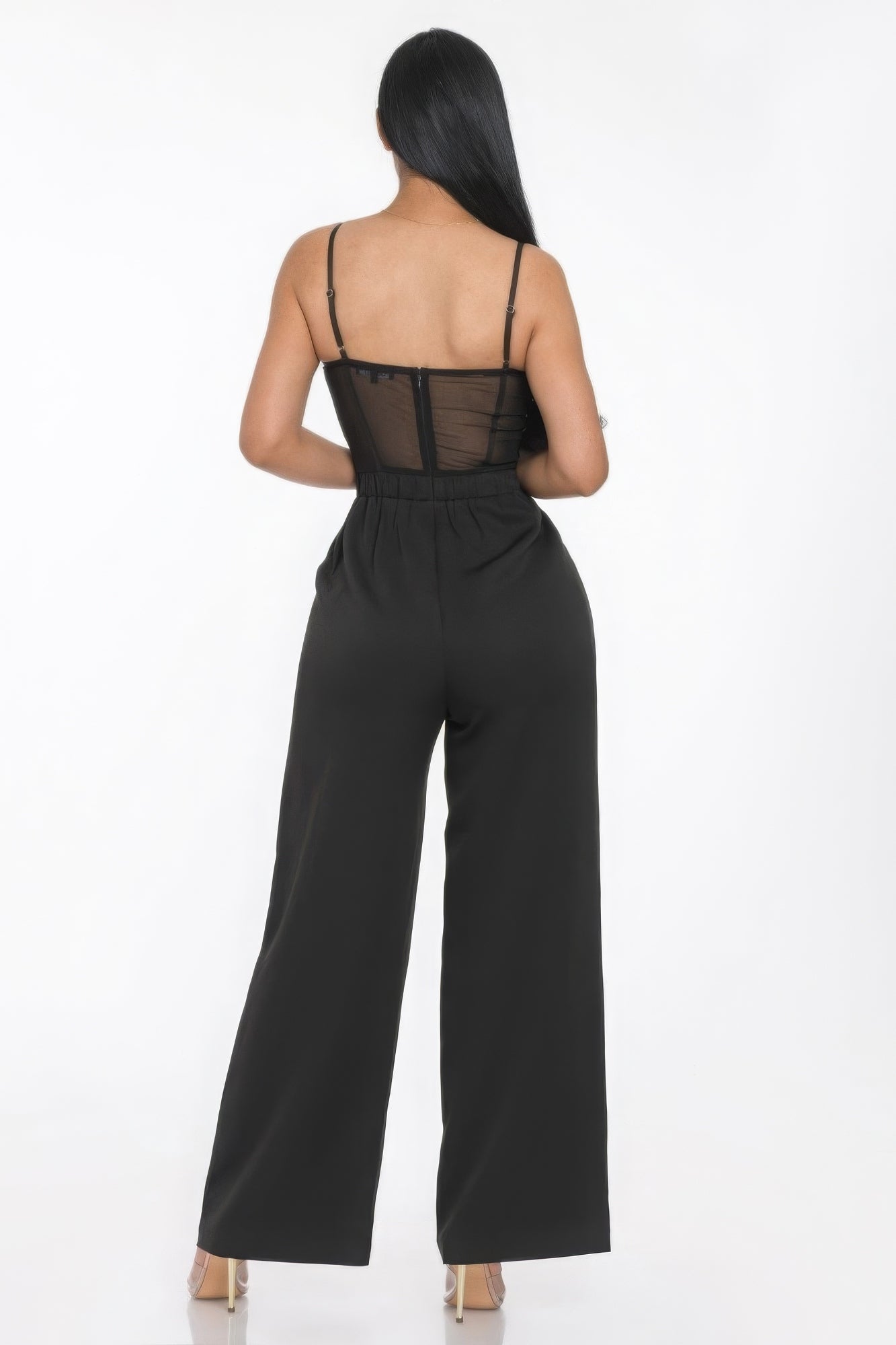 Women's Mesh Wide Leg Jumpsuit Insert Cup Spaghetti Strap Sleeveless Romper