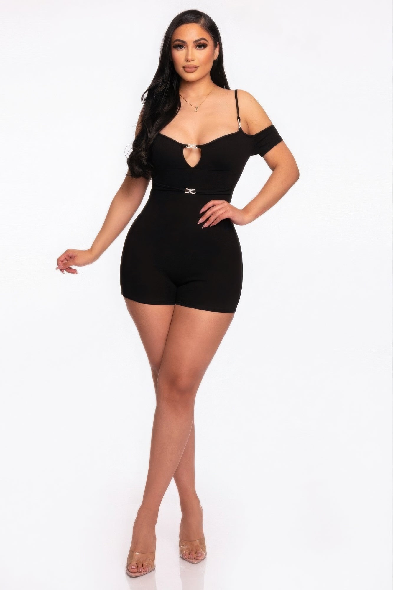 Women's Infinity Off-shoulder Rompers Bodysuit Bodycon Stretch Rib Knit Cut-Out