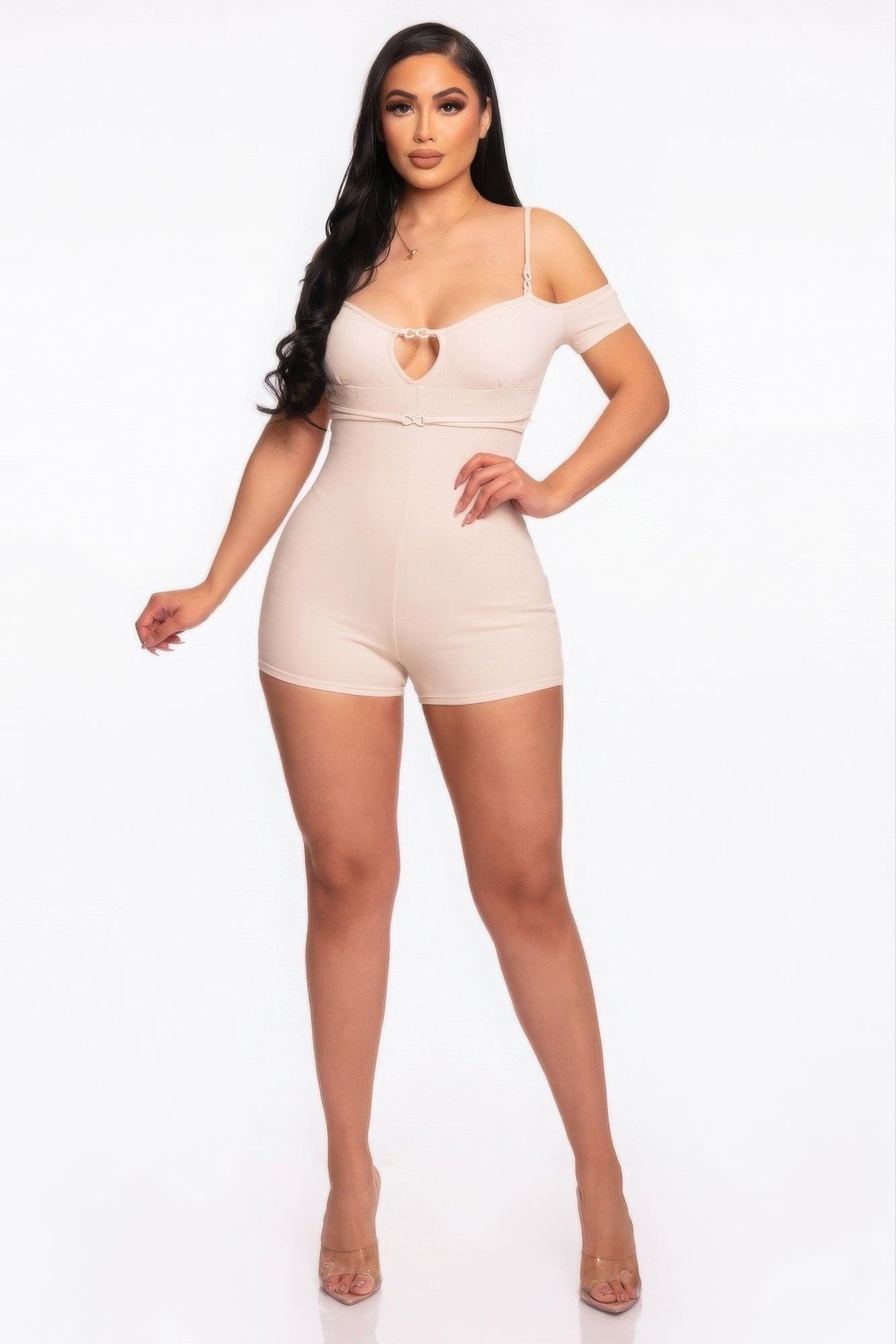 Women's Infinity Off-shoulder Rompers Bodysuit Bodycon Stretch Rib Knit Cut-Out