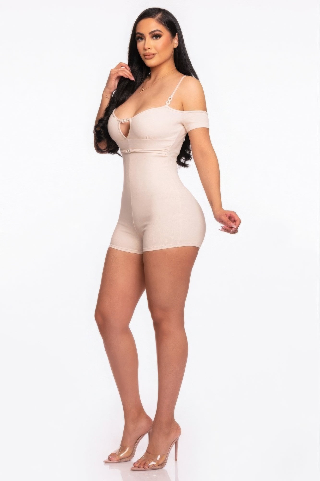 Women's Infinity Off-shoulder Rompers Bodysuit Bodycon Stretch Rib Knit Cut-Out