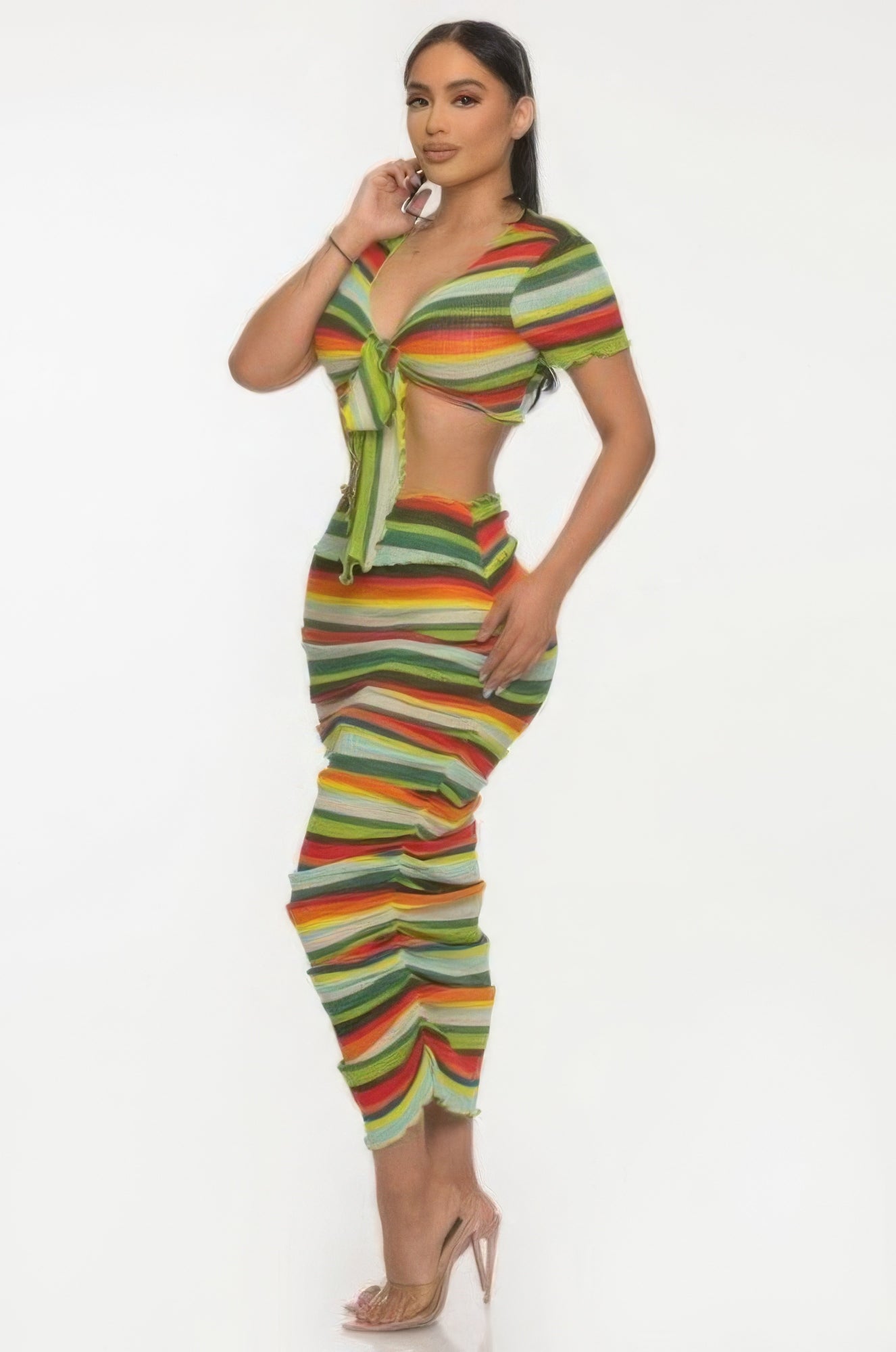 Women Colorful Striped Beach Sarong Top & Bodycon Skirt Set Ruffle Trim Outfits