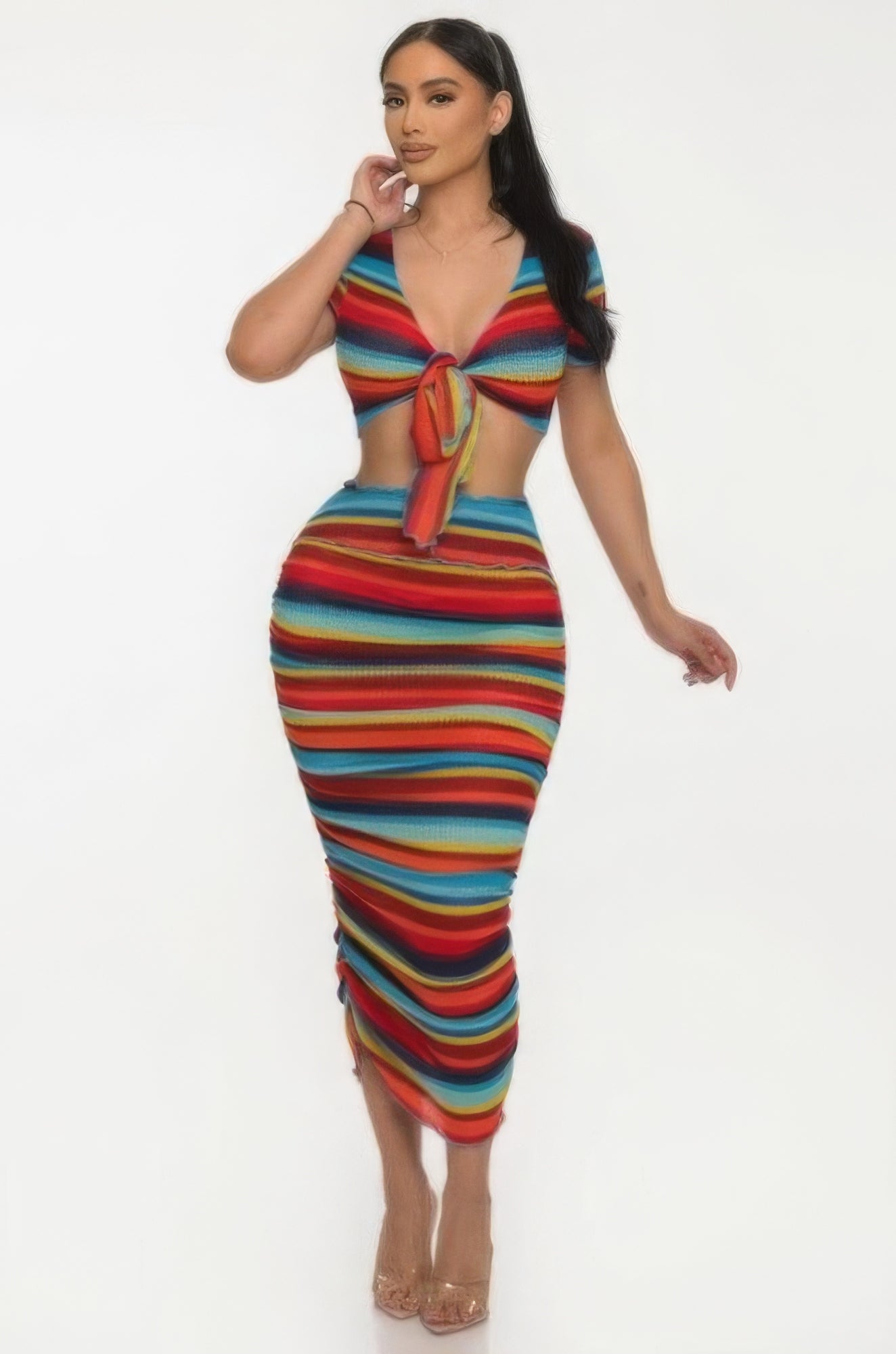 Women Colorful Striped Beach Sarong Top & Bodycon Skirt Set Ruffle Trim Outfits