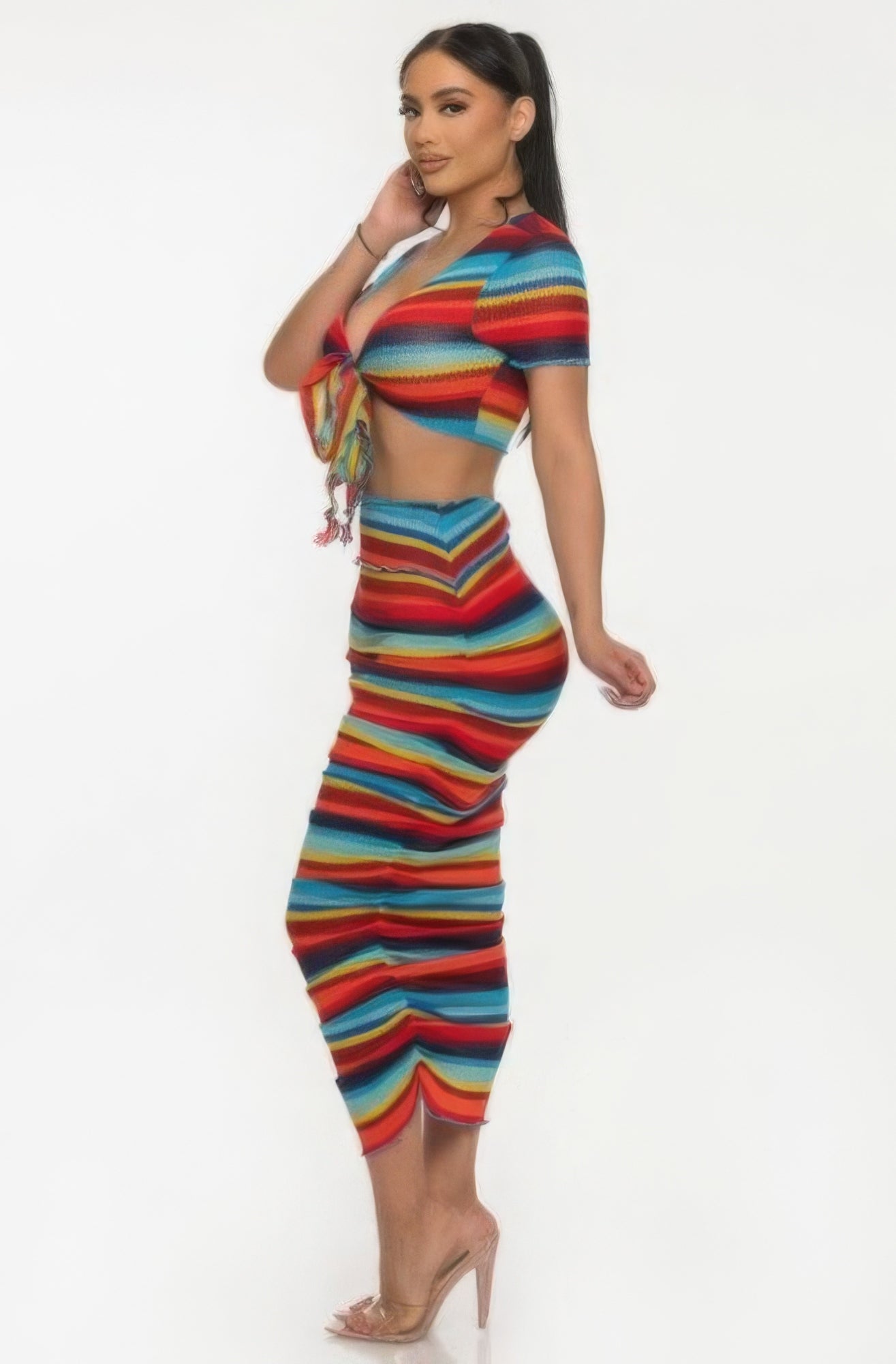 Women Colorful Striped Beach Sarong Top & Bodycon Skirt Set Ruffle Trim Outfits