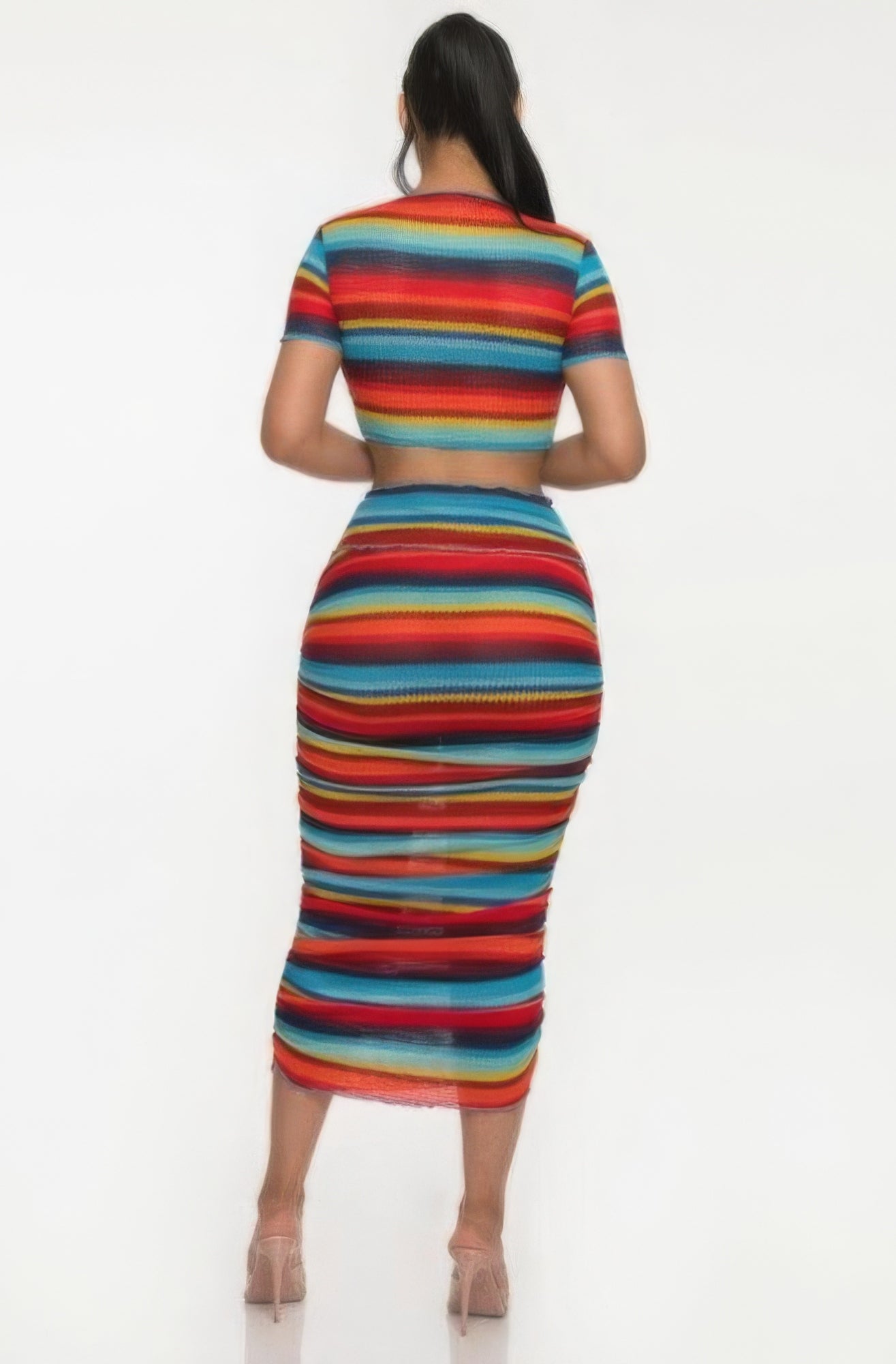 Women Colorful Striped Beach Sarong Top & Bodycon Skirt Set Ruffle Trim Outfits