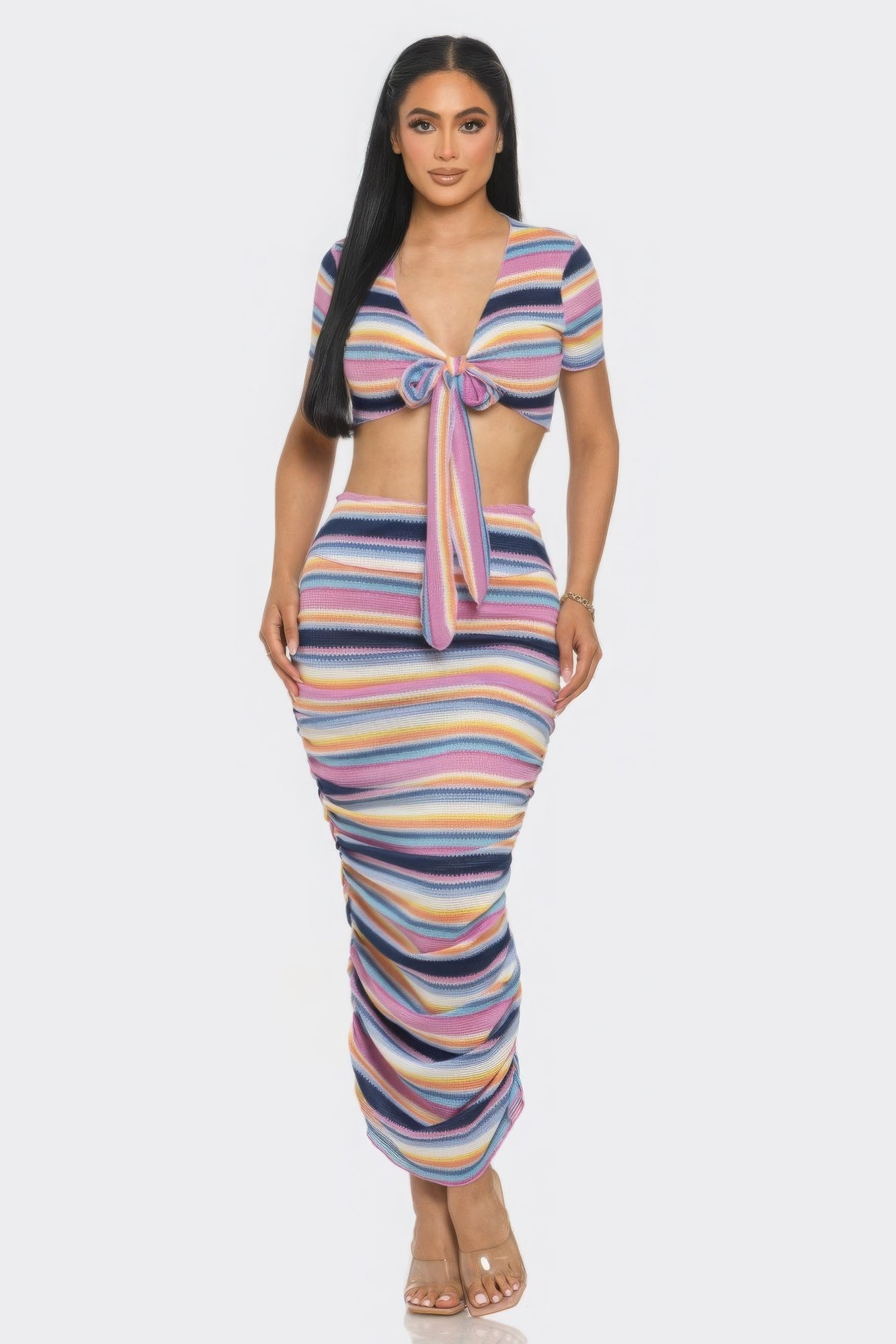 Women Colorful Striped Beach Sarong Top & Bodycon Skirt Set Ruffle Trim Outfits