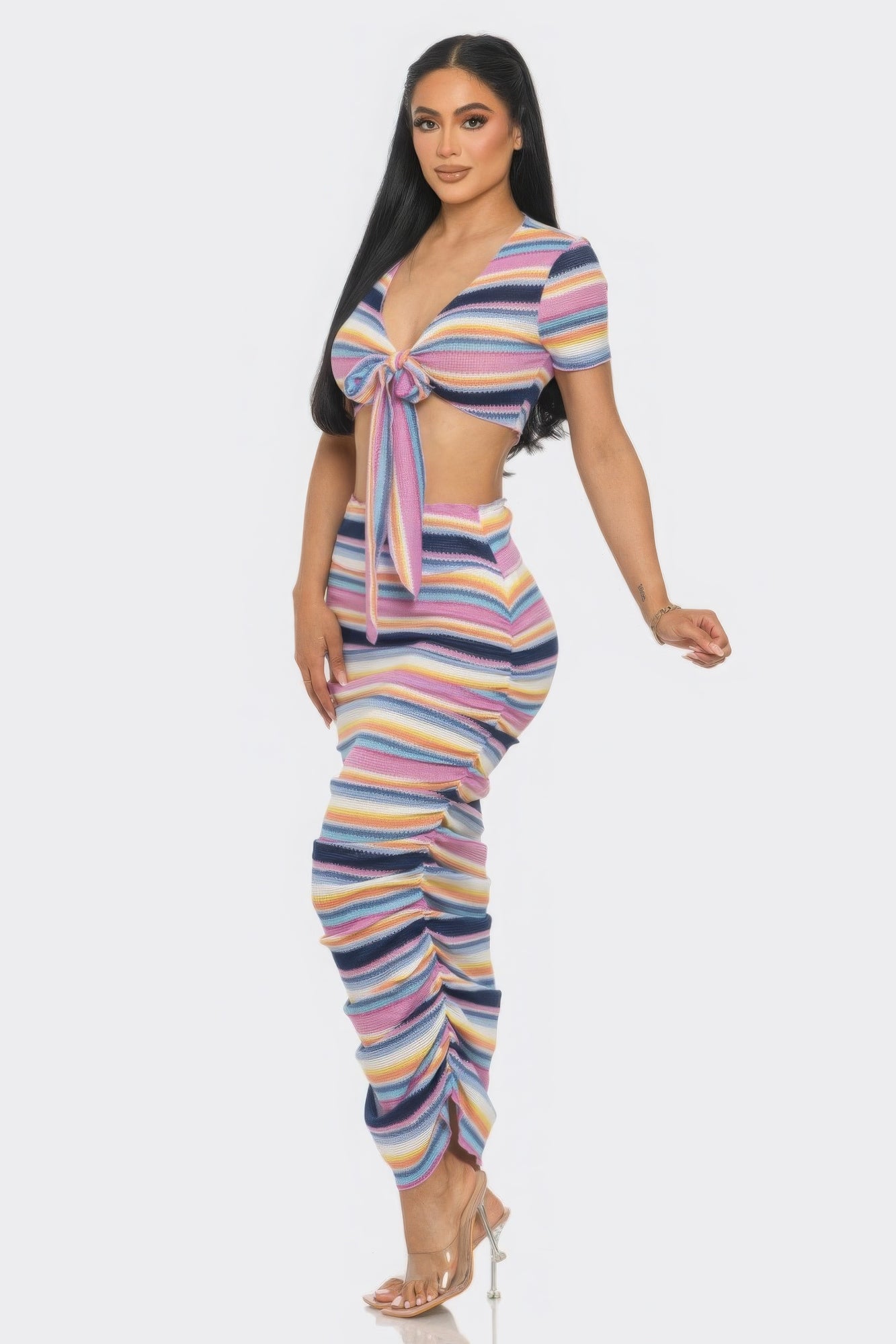 Women Colorful Striped Beach Sarong Top & Bodycon Skirt Set Ruffle Trim Outfits