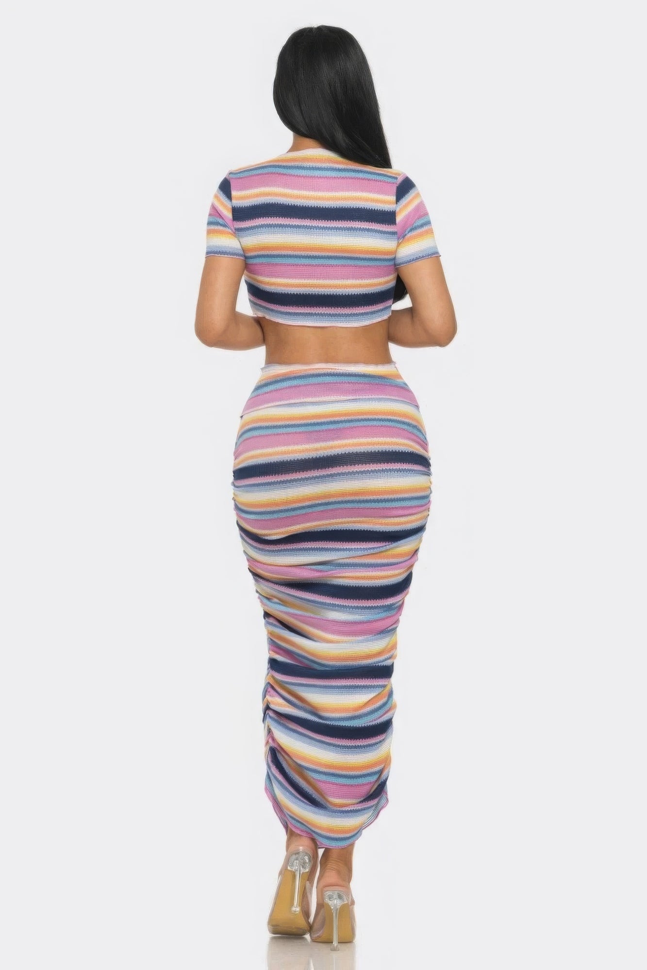 Women Colorful Striped Beach Sarong Top & Bodycon Skirt Set Ruffle Trim Outfits