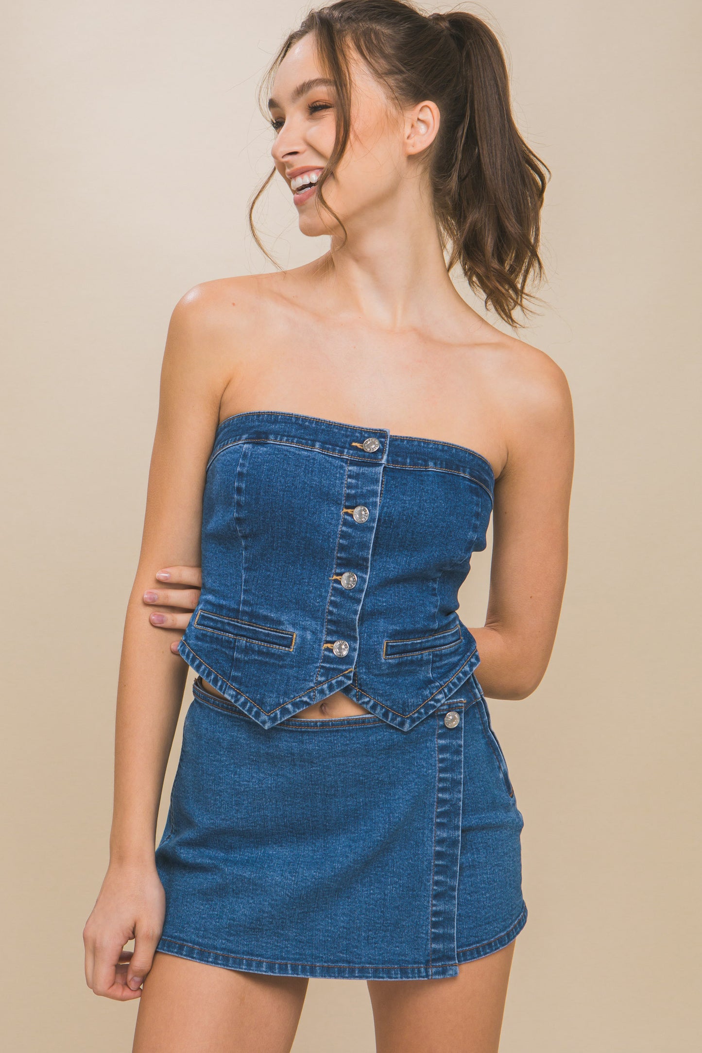Women's DENIM Tube Top Strapless Button-Up Cropped Corset