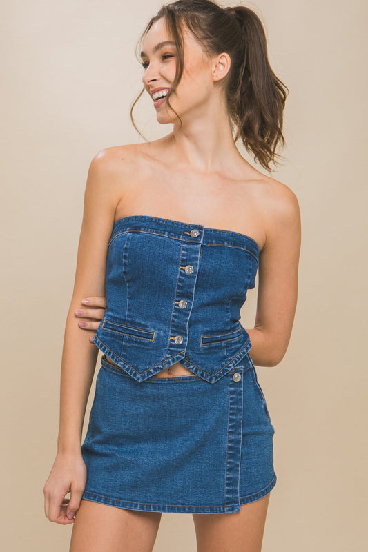Women's DENIM Tube Top Strapless Button-Up Cropped Corset