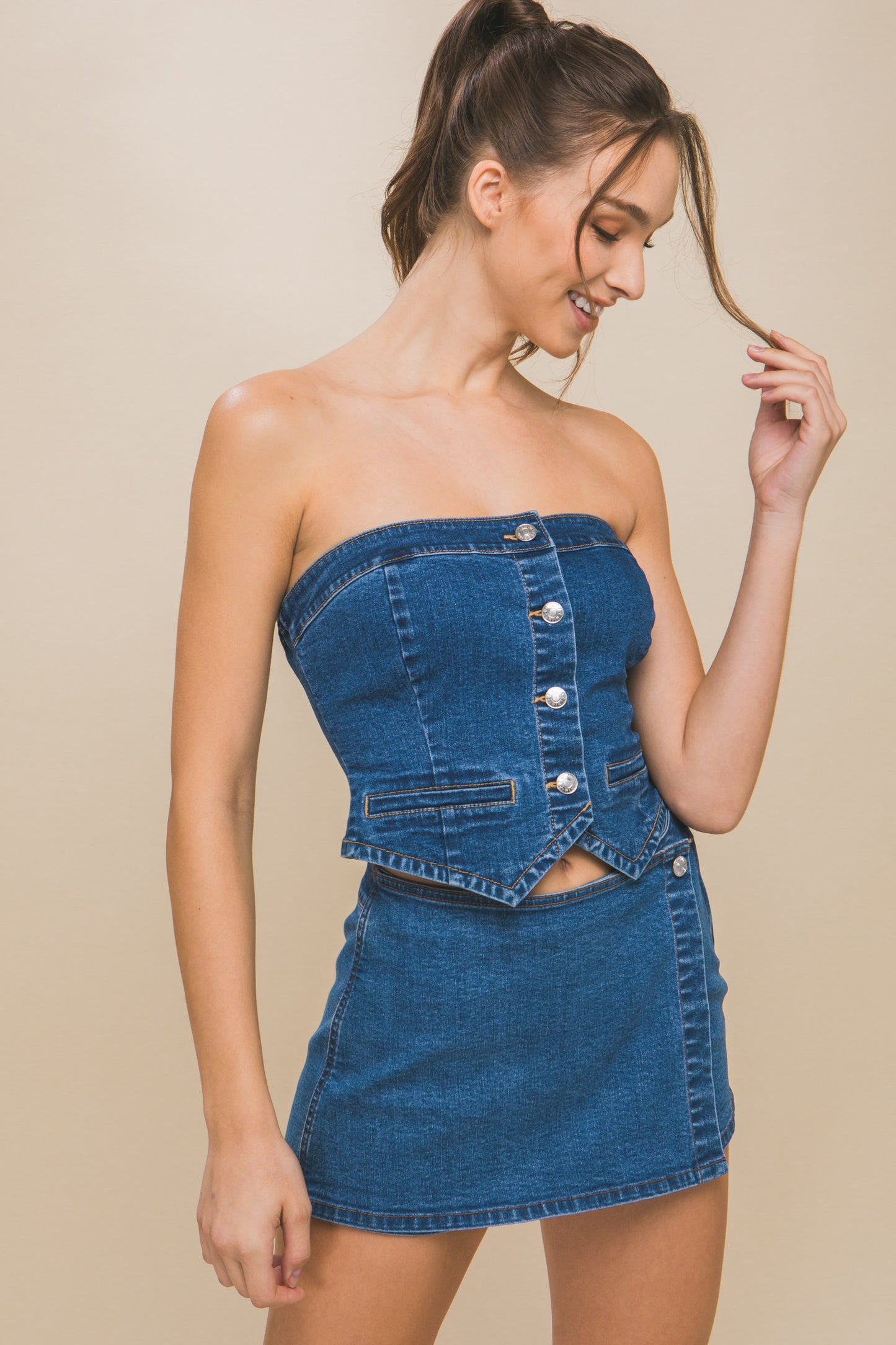Women's DENIM Tube Top Strapless Button-Up Cropped Corset
