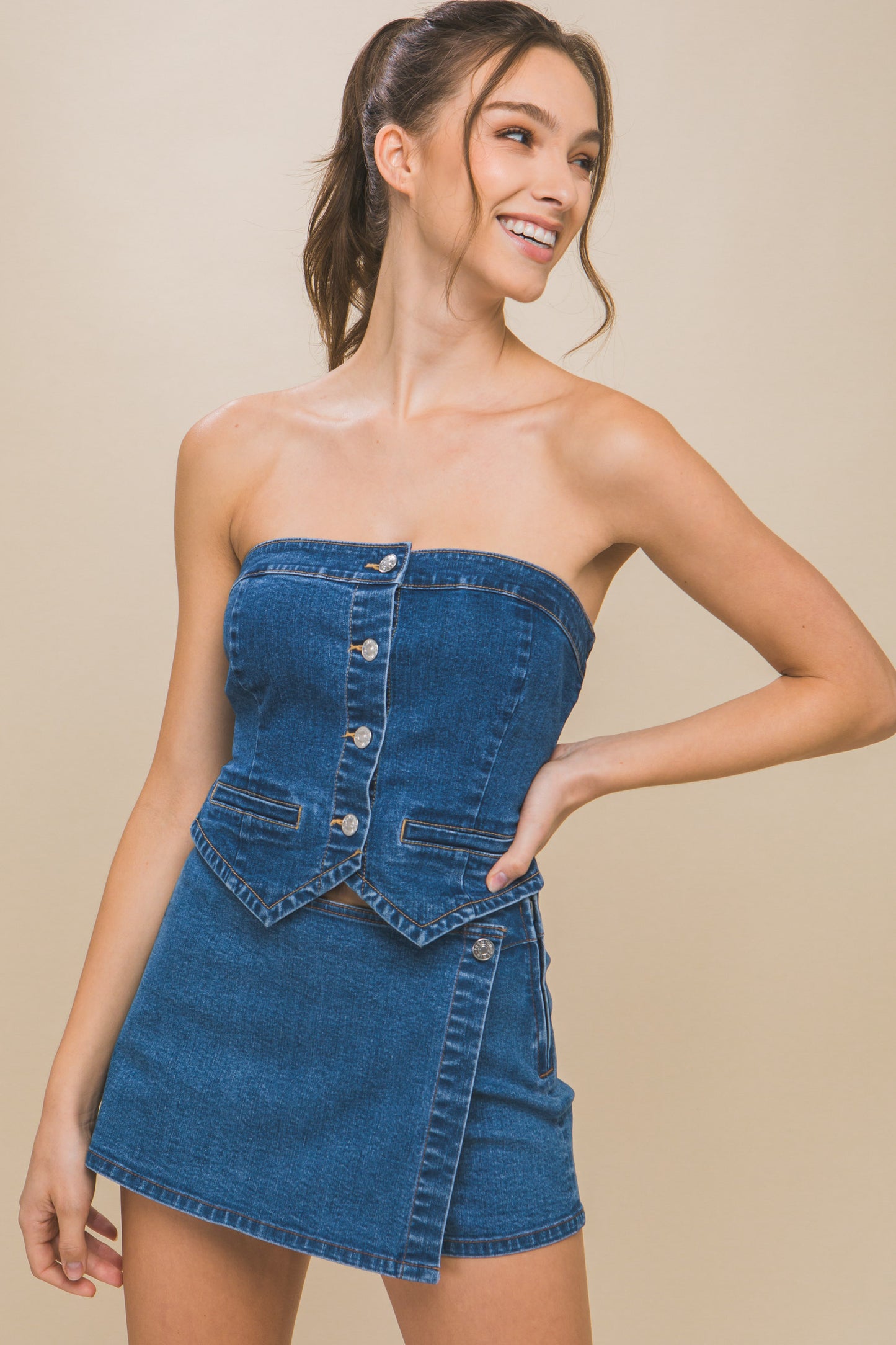Women's DENIM Tube Top Strapless Button-Up Cropped Corset